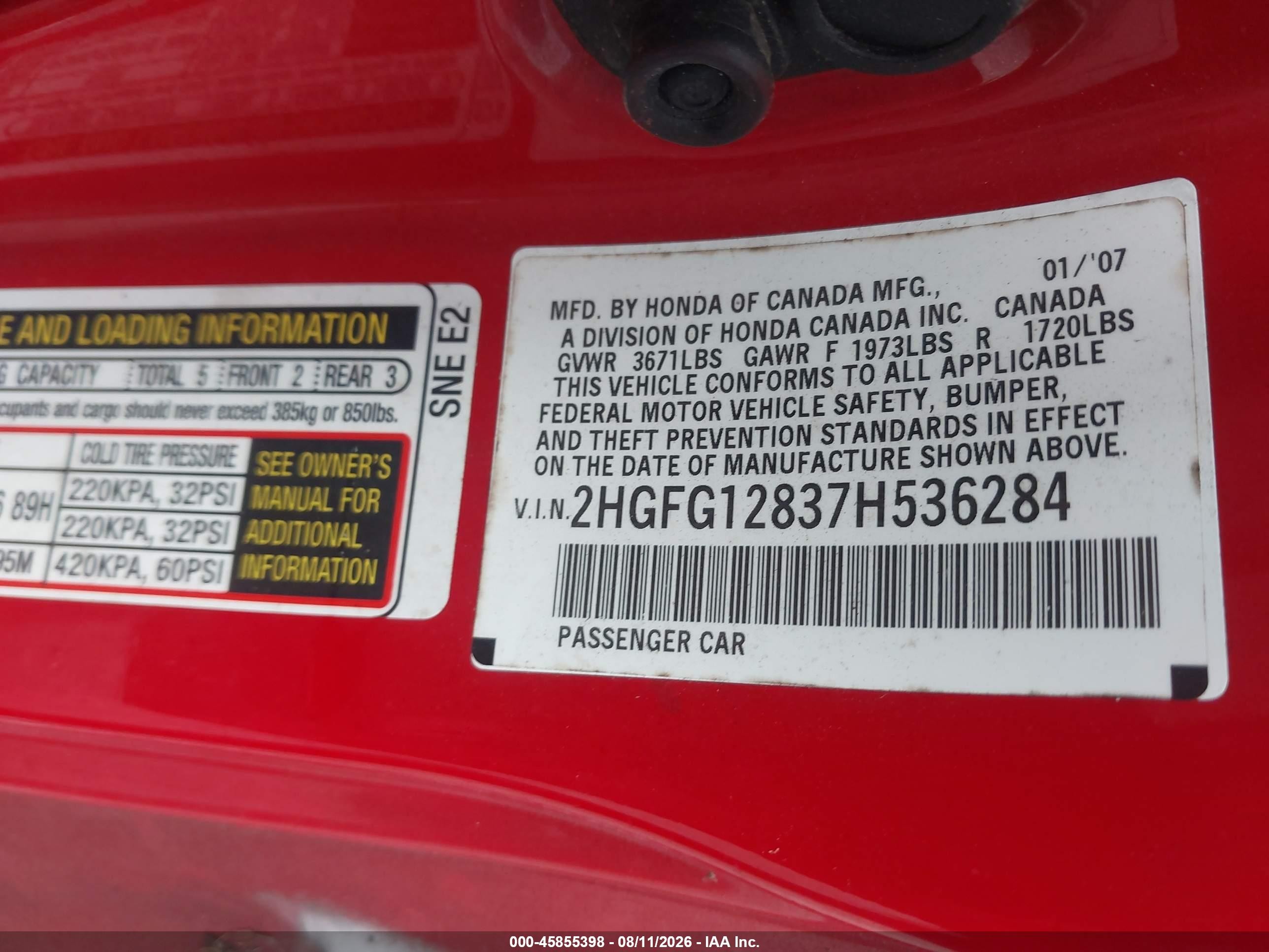 2007 Honda Civic Ex Red vin: 2HGFG12837H536284