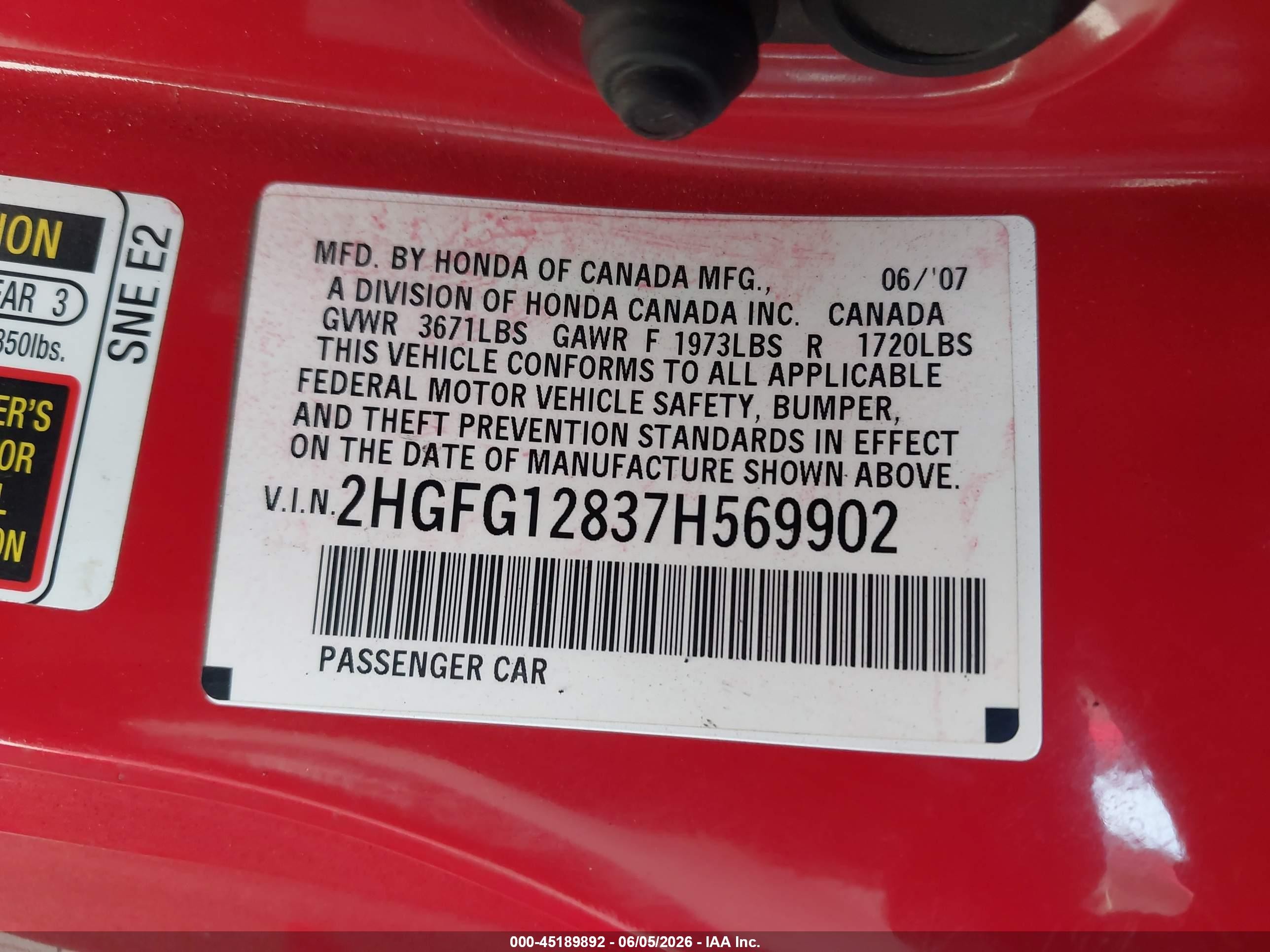 2007 Honda Civic Ex Red vin: 2HGFG12837H569902