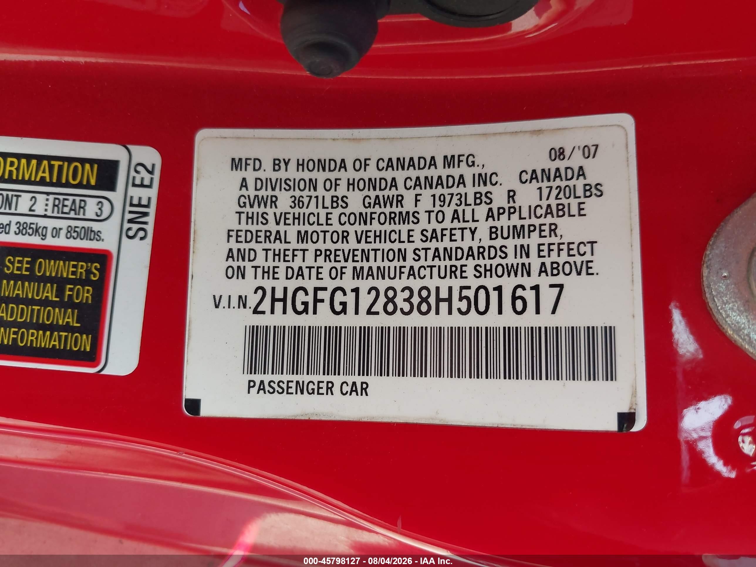2008 Honda Civic Ex Red vin: 2HGFG12838H501617