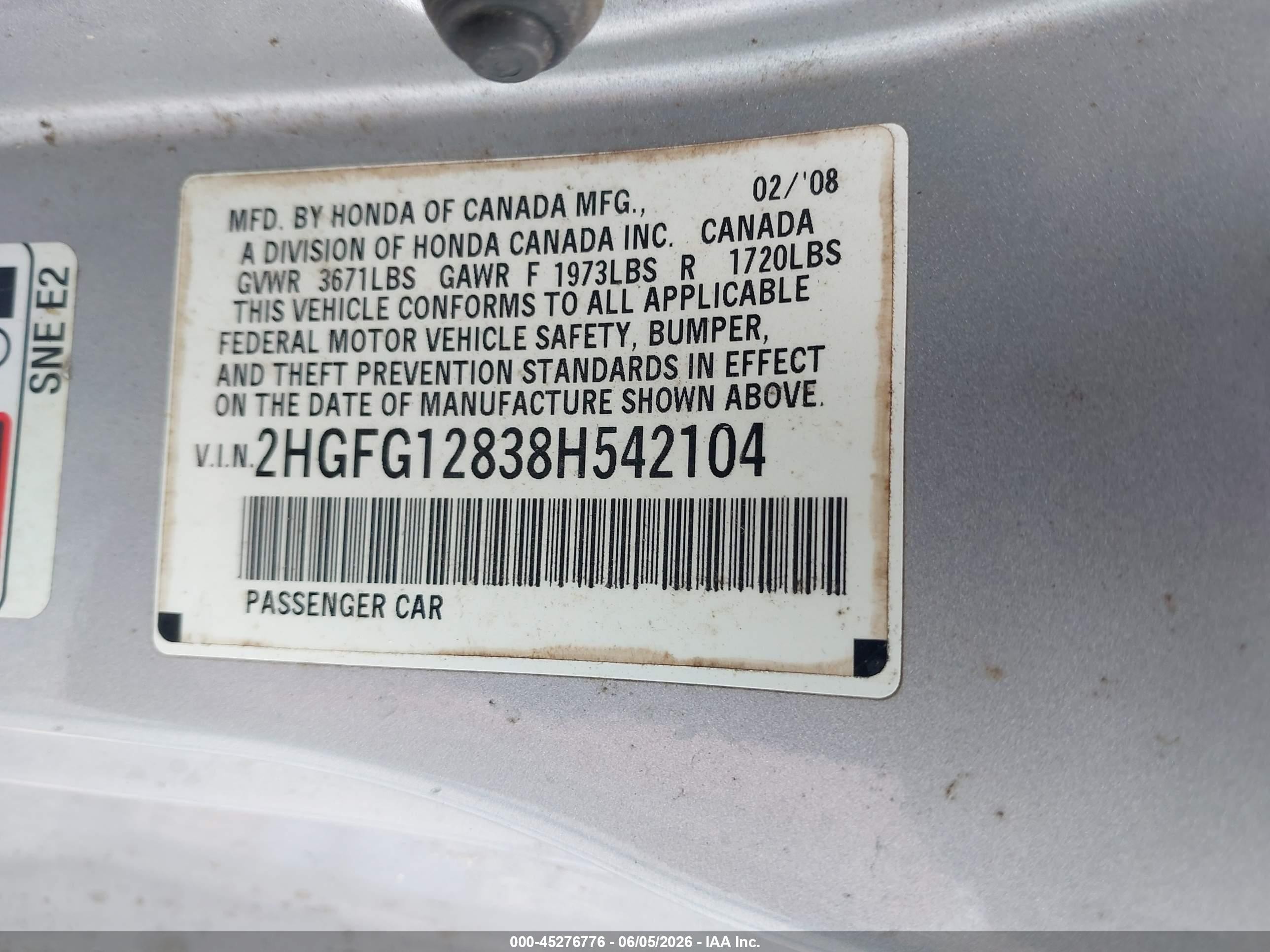 2008 Honda Civic Ex Silver vin: 2HGFG12838H542104