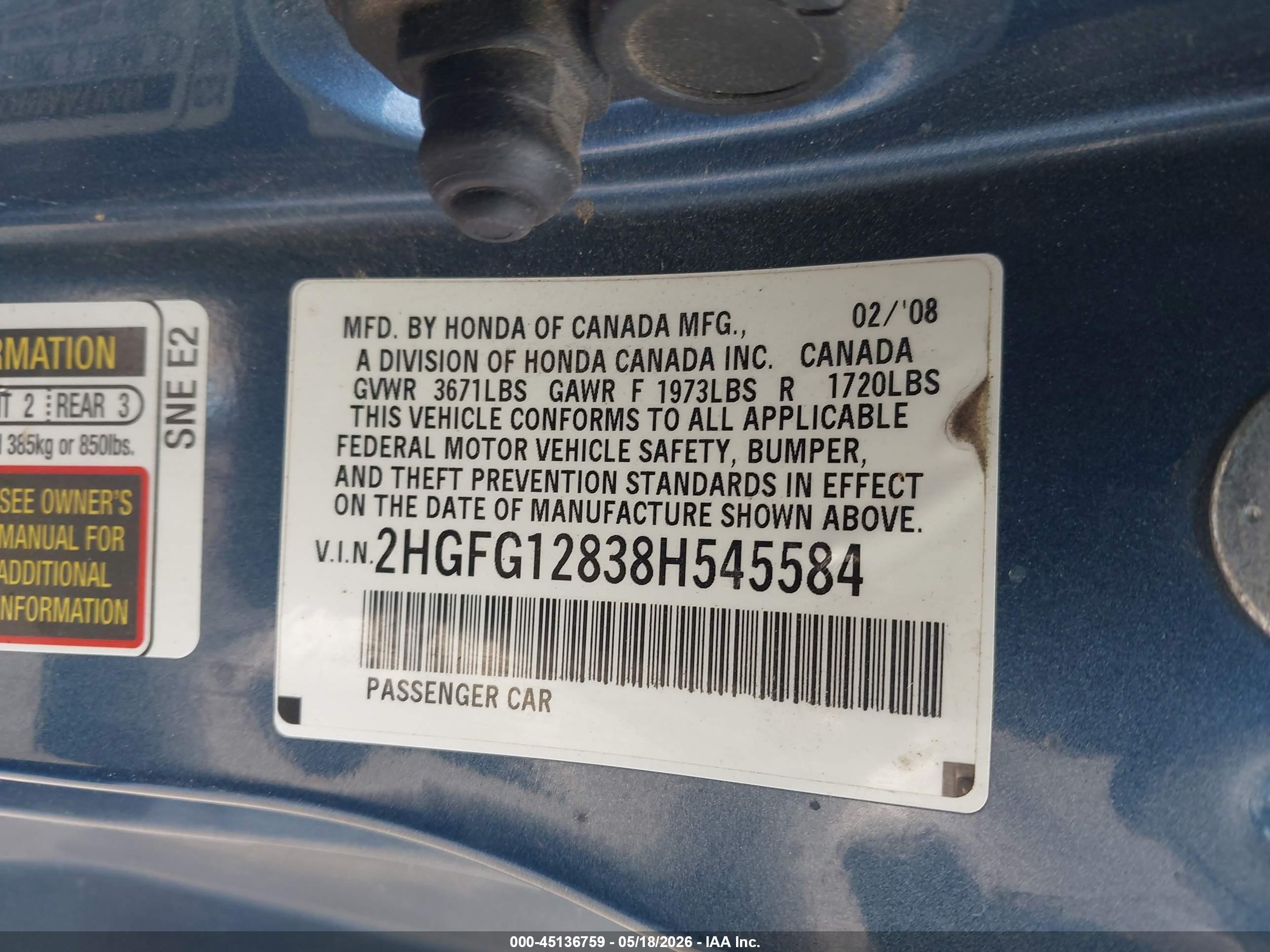 2008 Honda Civic Ex Blue vin: 2HGFG12838H545584
