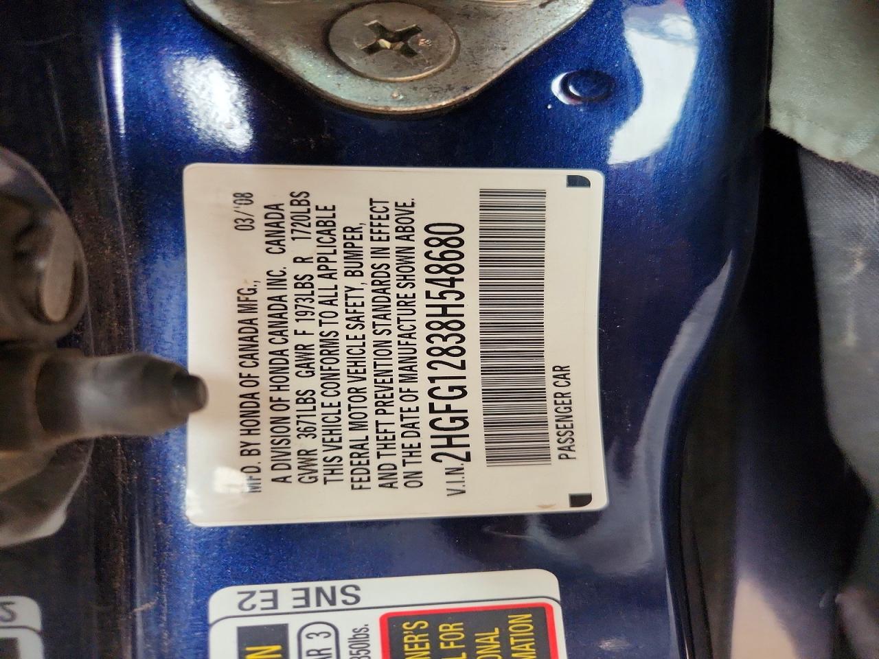 2008 Honda Civic Ex Blue vin: 2HGFG12838H548680