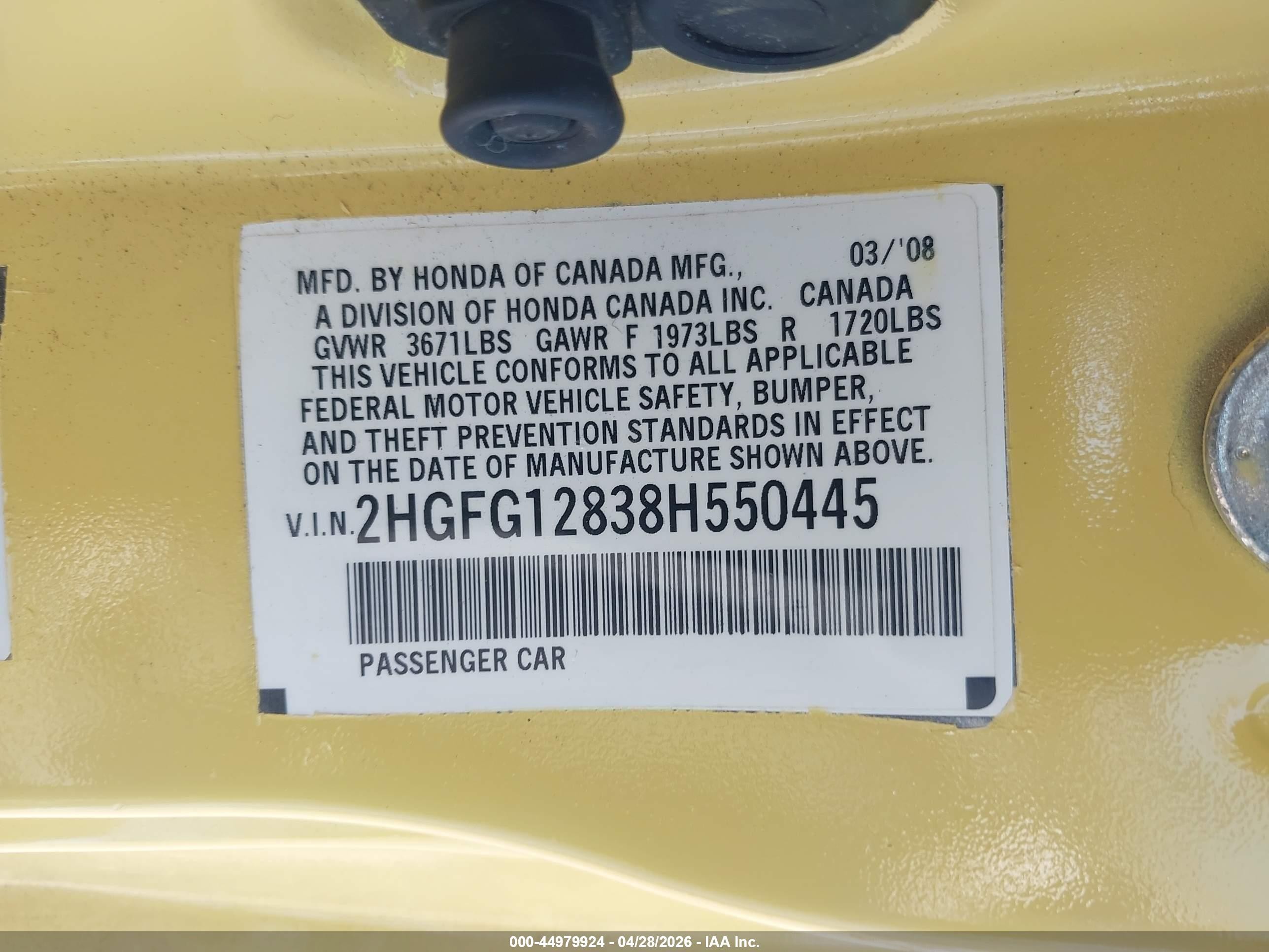 2008 Honda Civic Ex Yellow vin: 2HGFG12838H550445