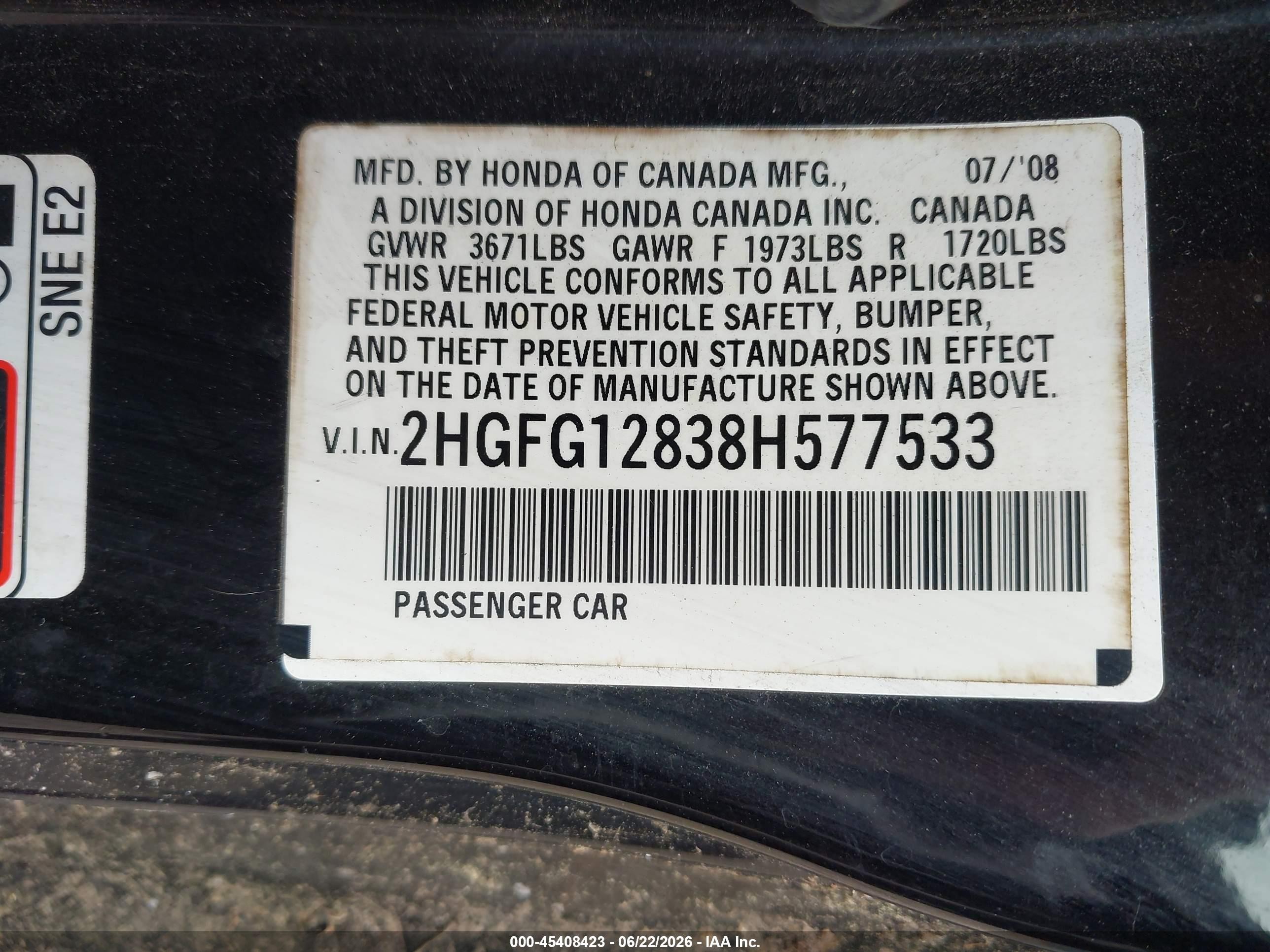 2008 Honda Civic Ex Black vin: 2HGFG12838H577533