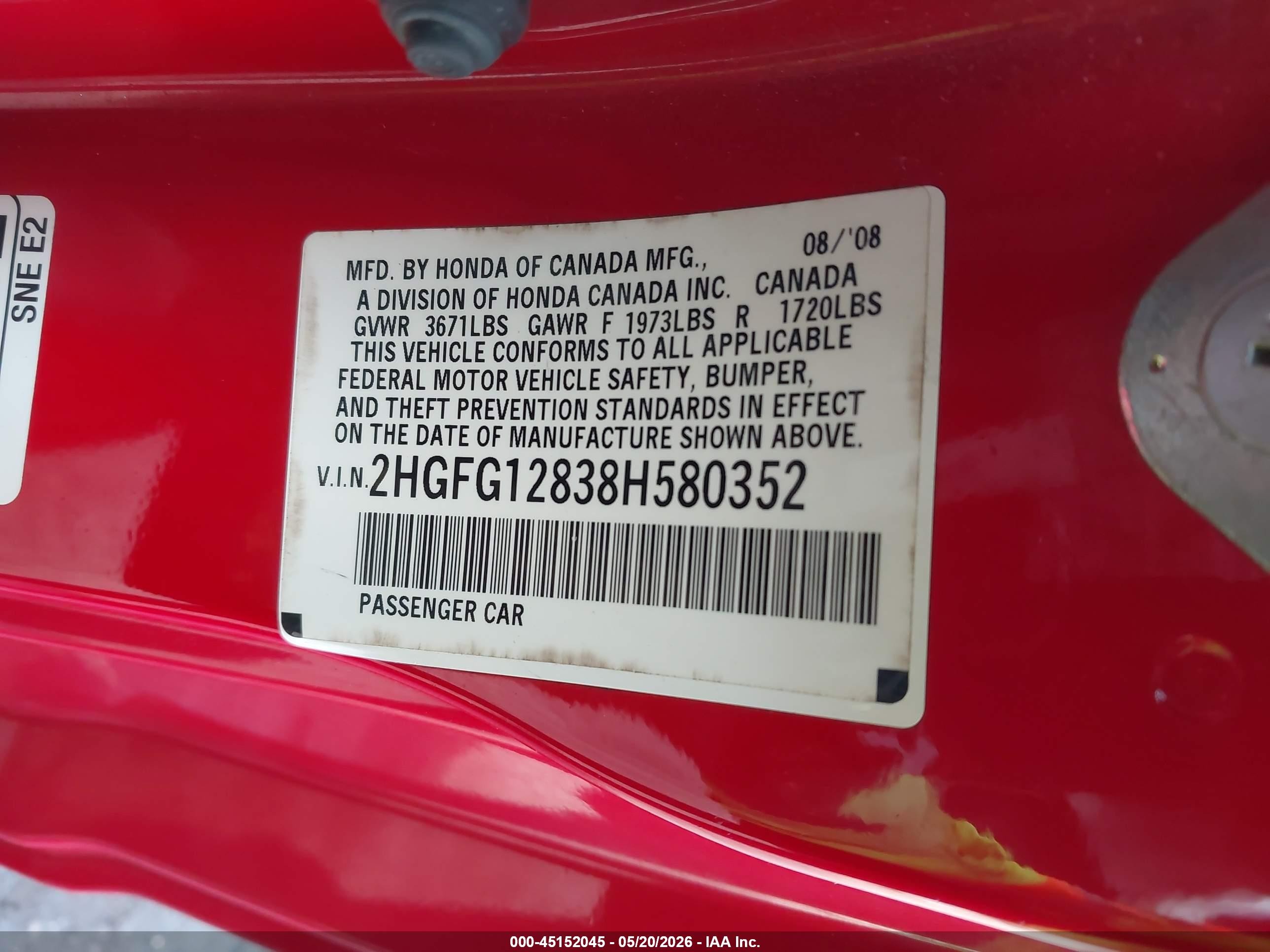 2008 Honda Civic Ex Red vin: 2HGFG12838H580352