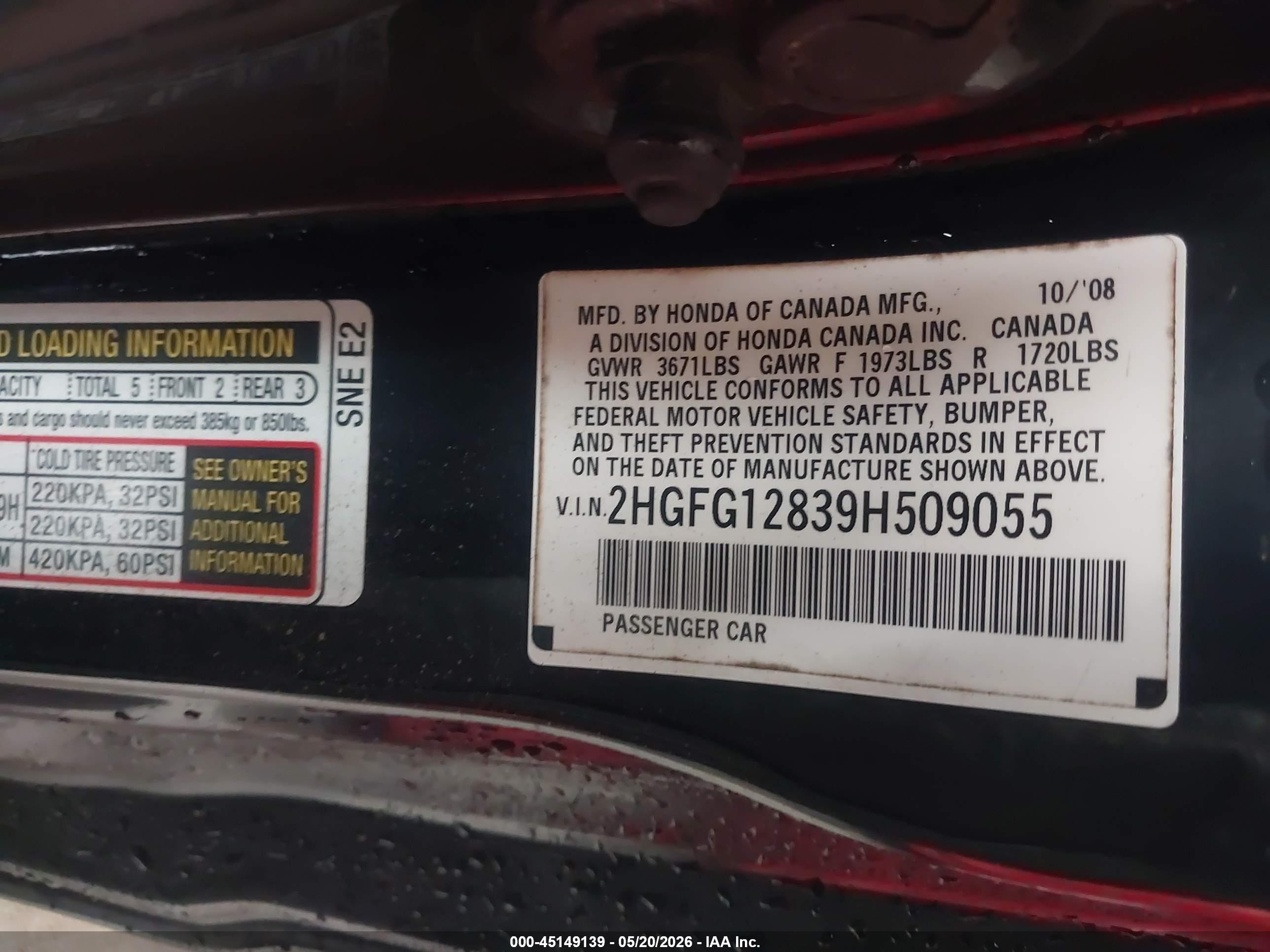 2009 Honda Civic Ex Black vin: 2HGFG12839H509055