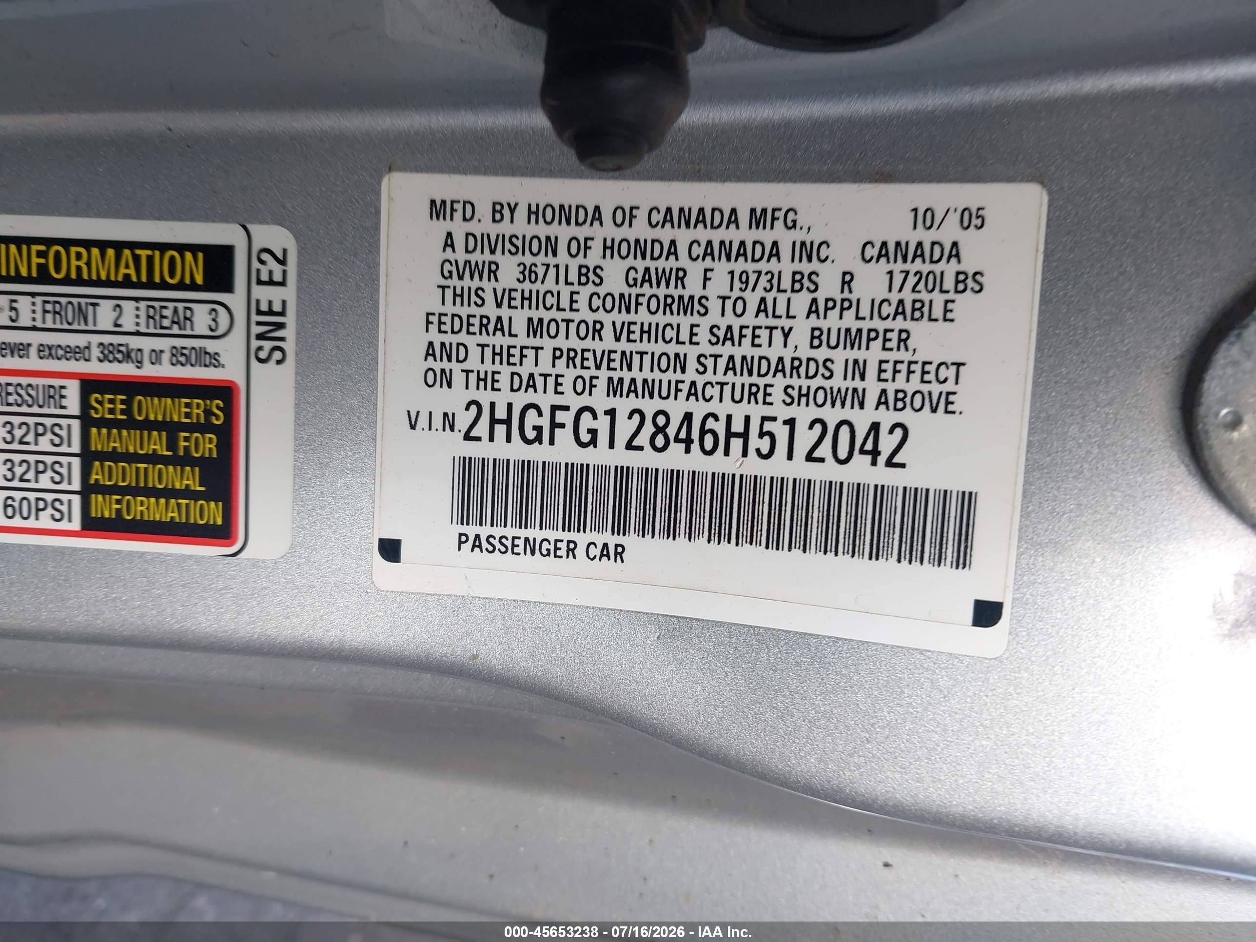 2006 Honda Civic Ex Серебряный vin: 2HGFG12846H512042
