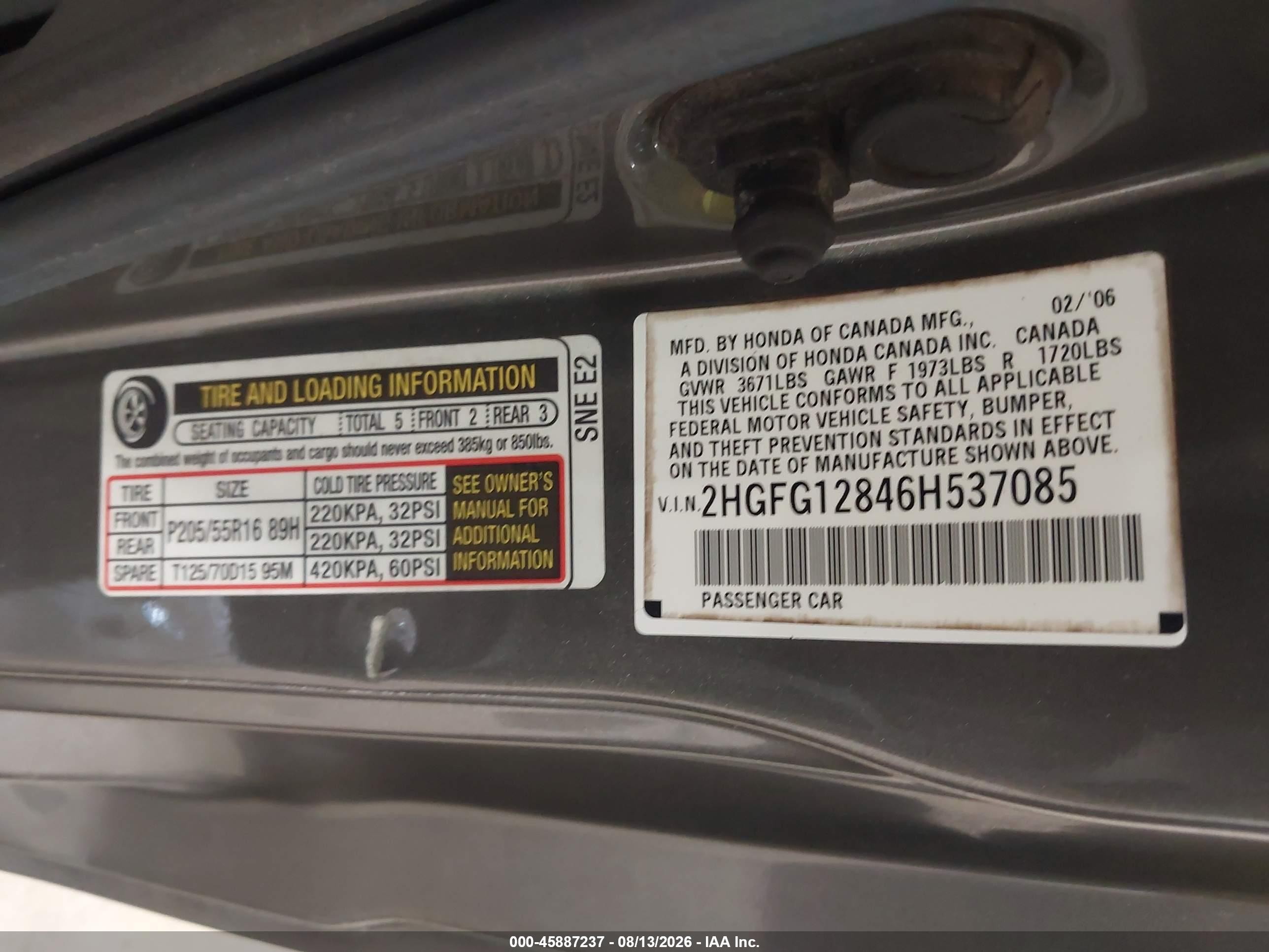 2006 Honda Civic Ex Gray vin: 2HGFG12846H537085