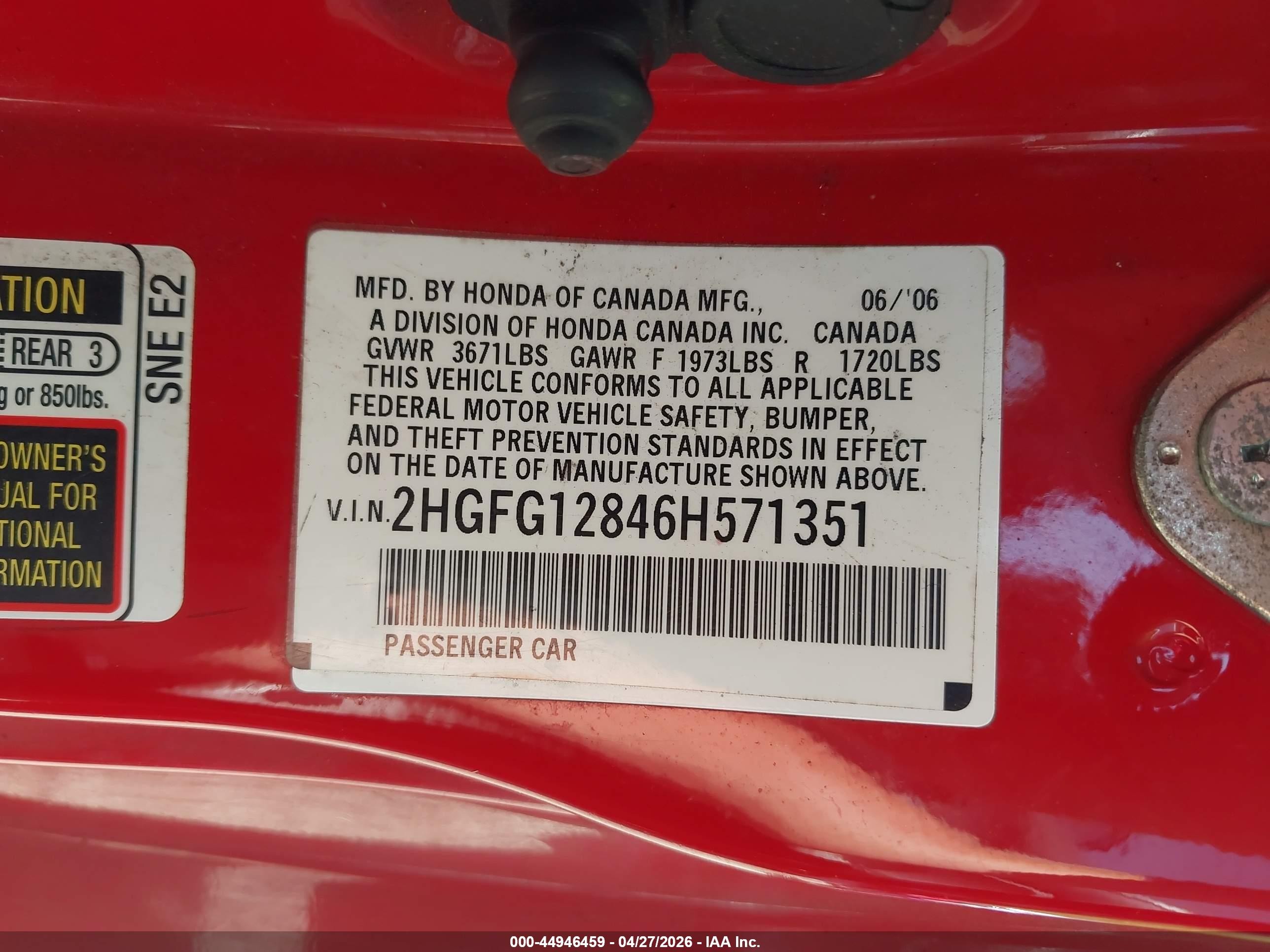 2006 Honda Civic Ex Красный vin: 2HGFG12846H571351