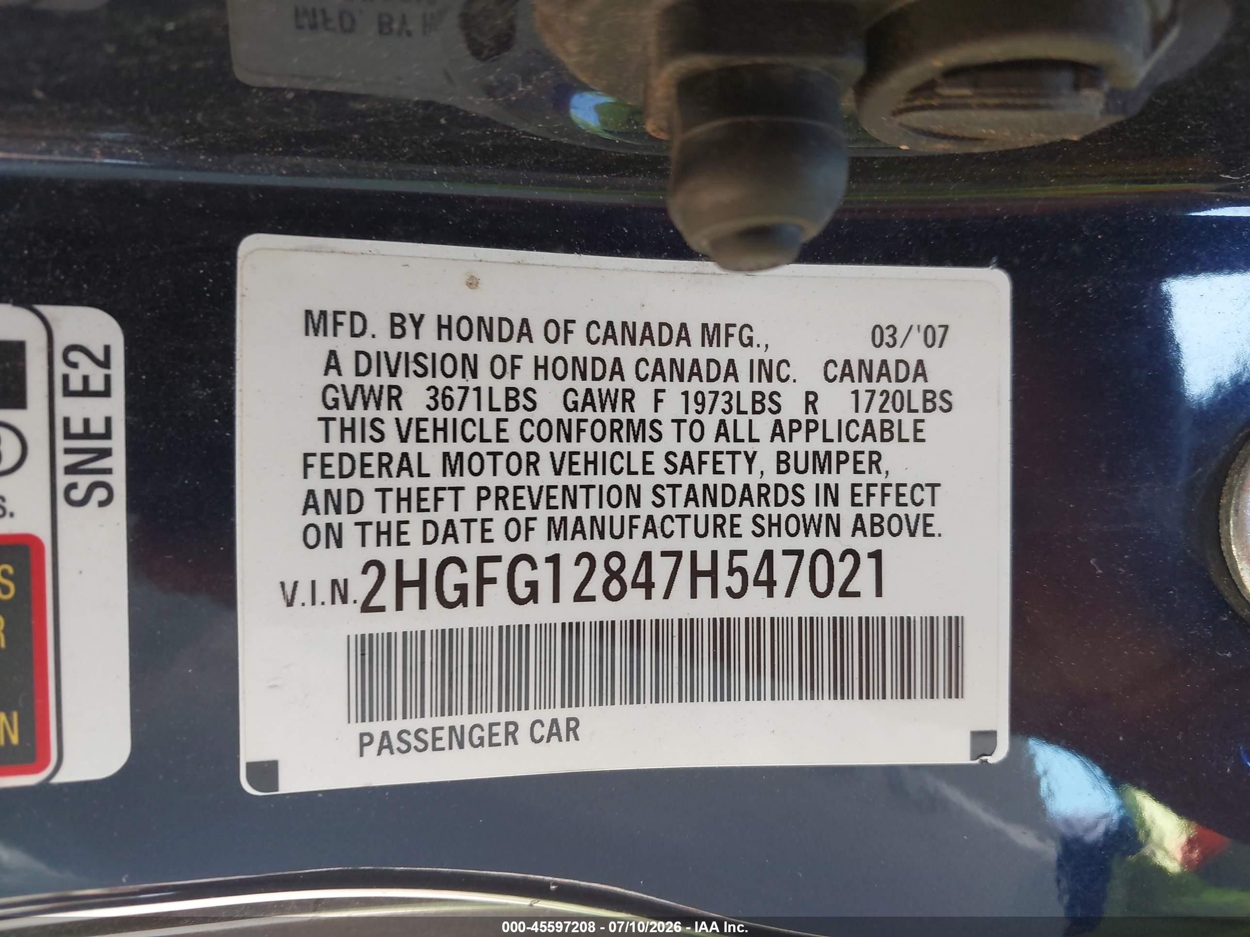 2007 Honda Civic Ex Blue vin: 2HGFG12847H547021