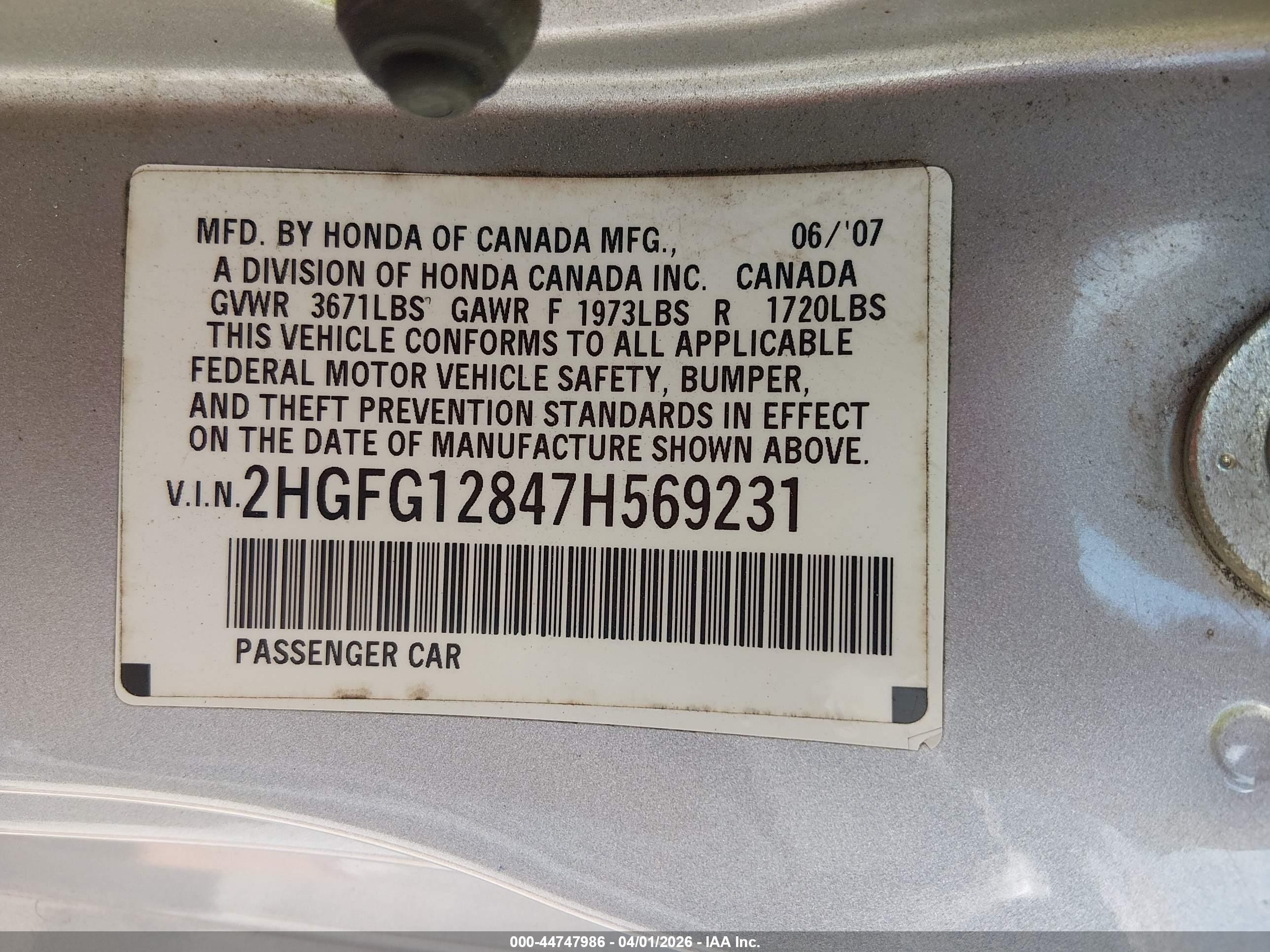 2007 Honda Civic Ex Silver vin: 2HGFG12847H569231