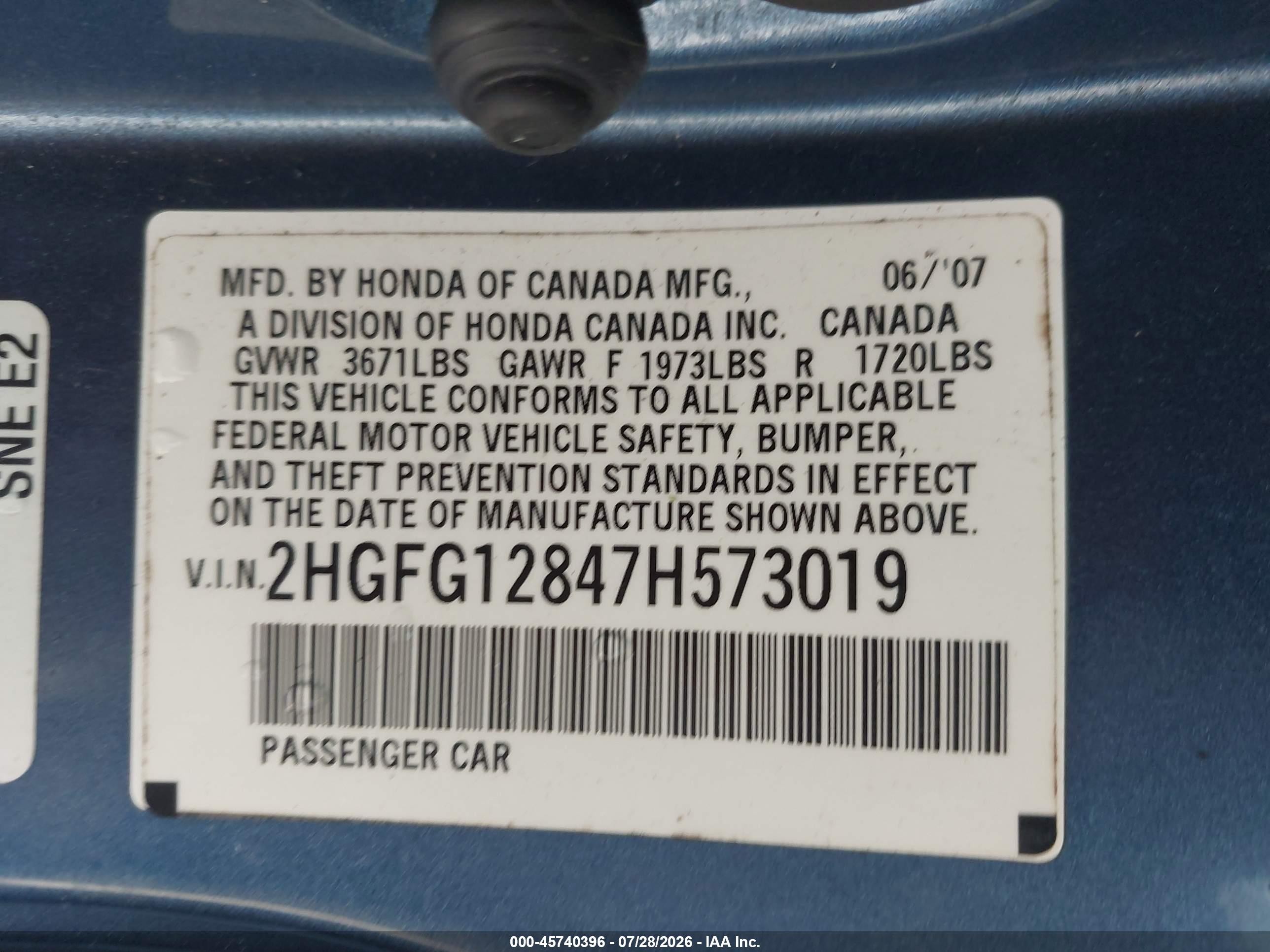 2007 Honda Civic Ex Blue vin: 2HGFG12847H573019