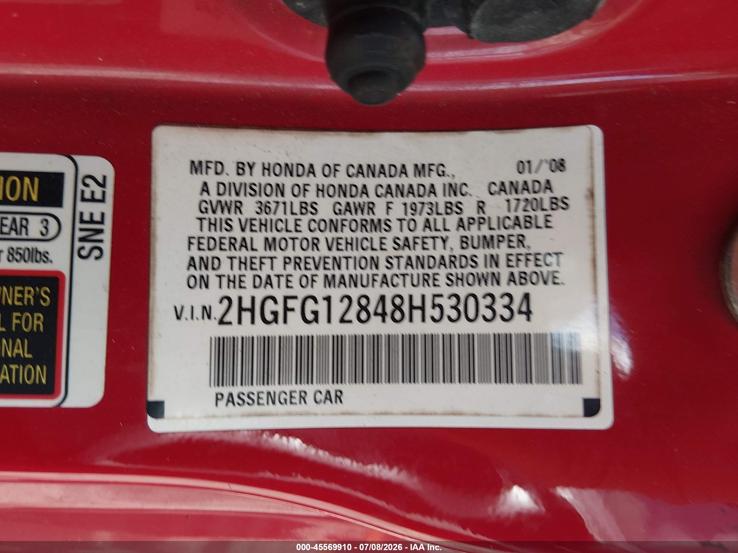 2008 Honda Civic Ex Red vin: 2HGFG12848H530334