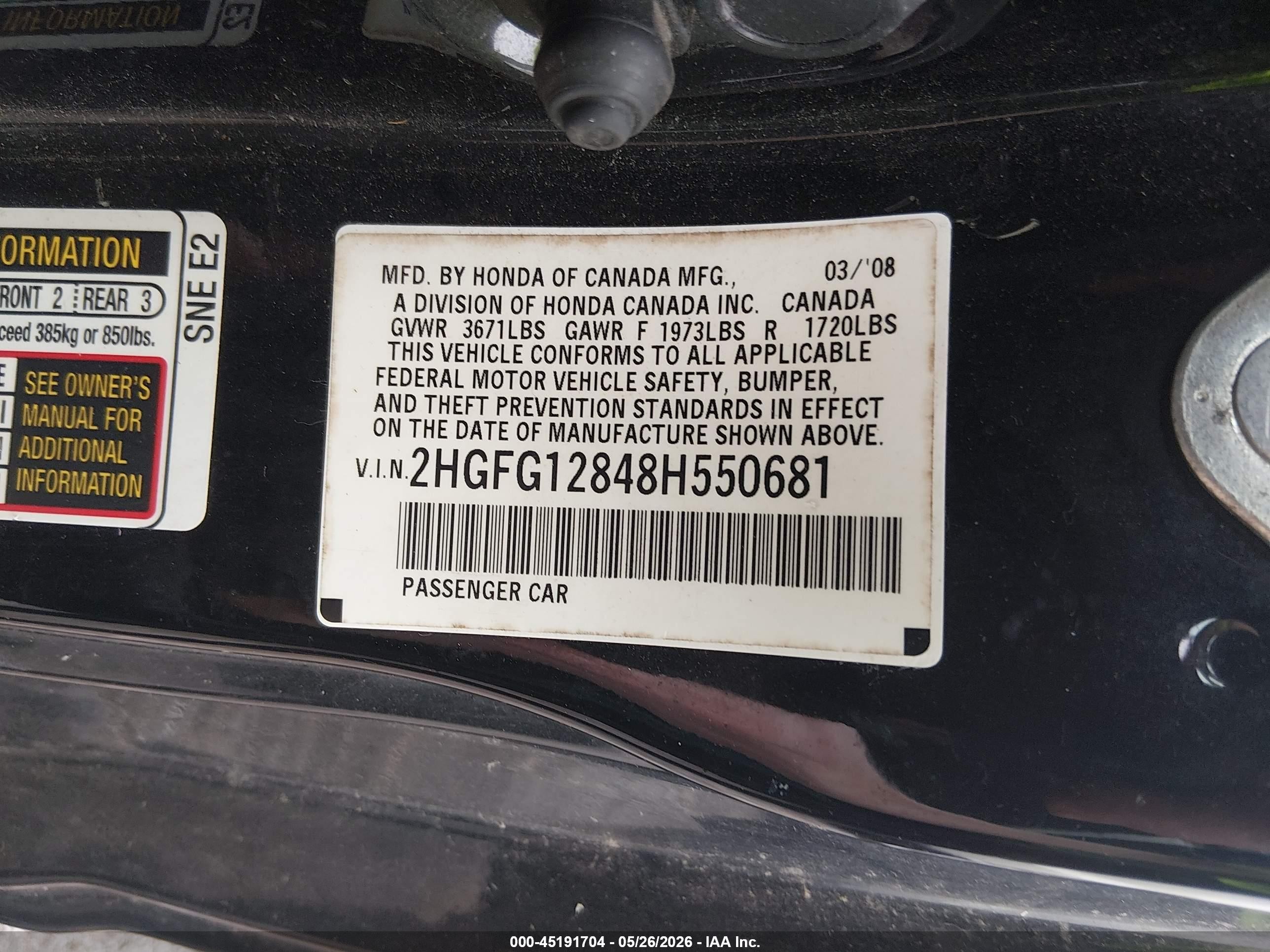 2008 Honda Civic Ex Black vin: 2HGFG12848H550681