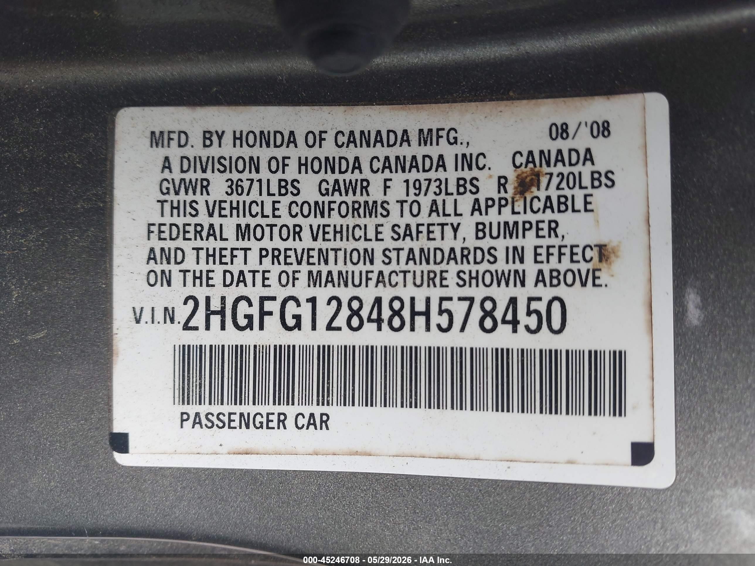2008 Honda Civic Ex Gray vin: 2HGFG12848H578450