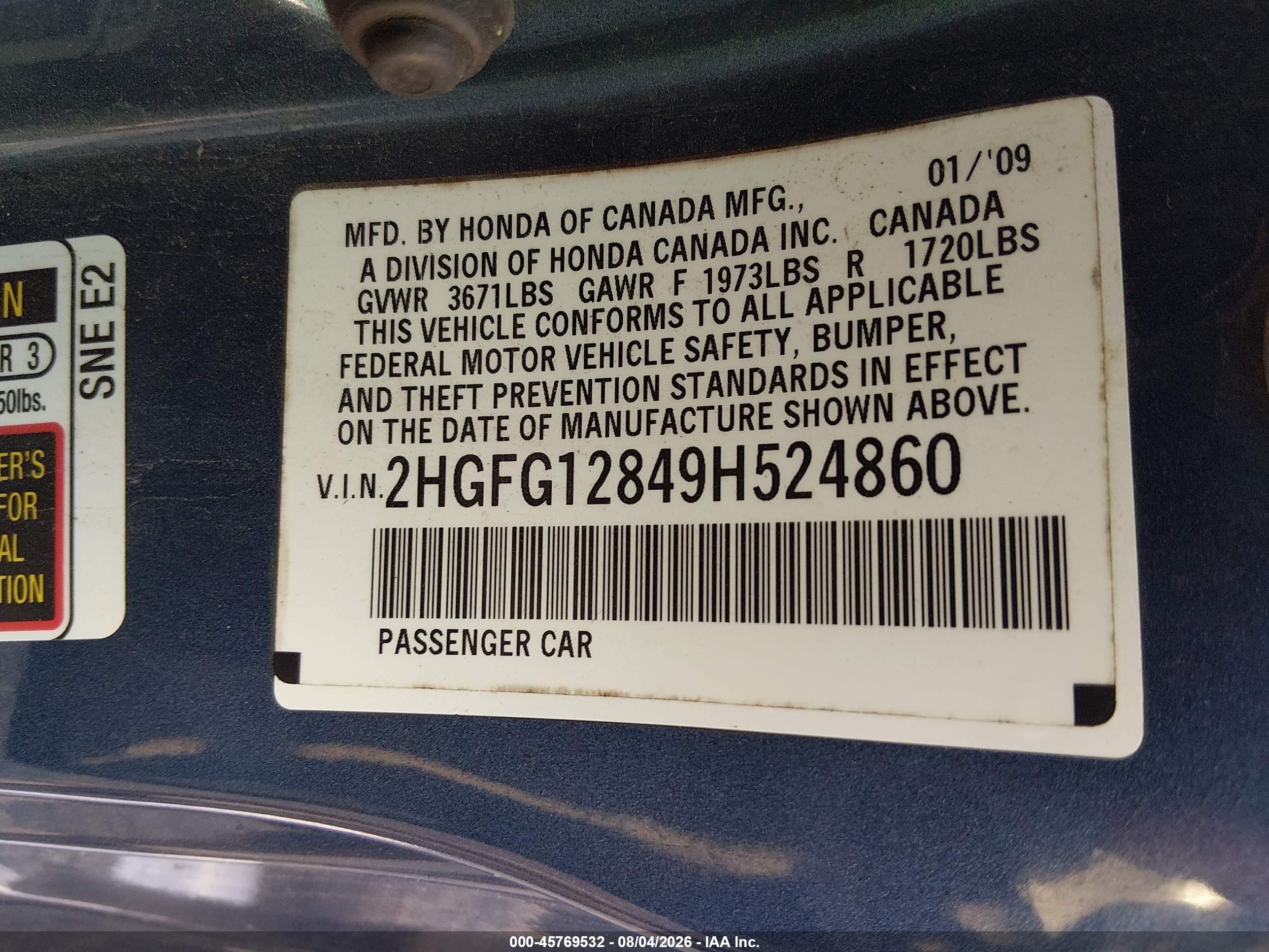 2009 Honda Civic Ex Blue vin: 2HGFG12849H524860