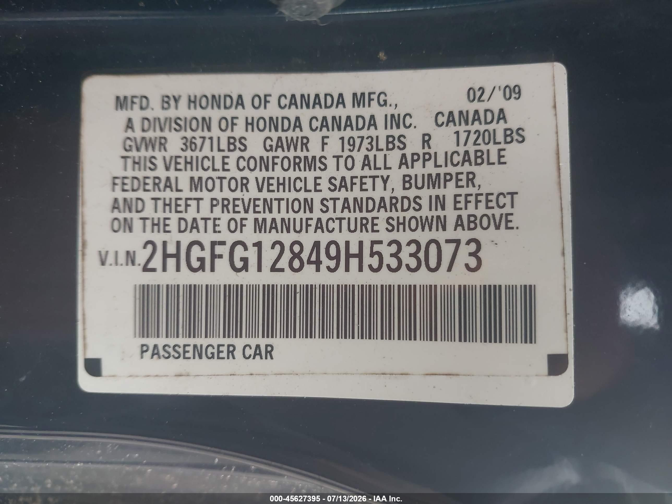 2009 Honda Civic Ex Blue vin: 2HGFG12849H533073