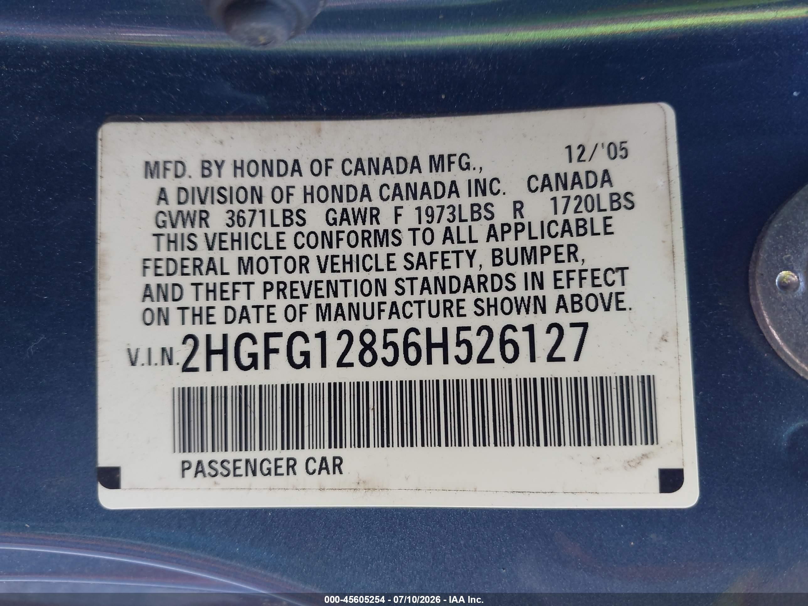 2006 Honda Civic Ex Blue vin: 2HGFG12856H526127