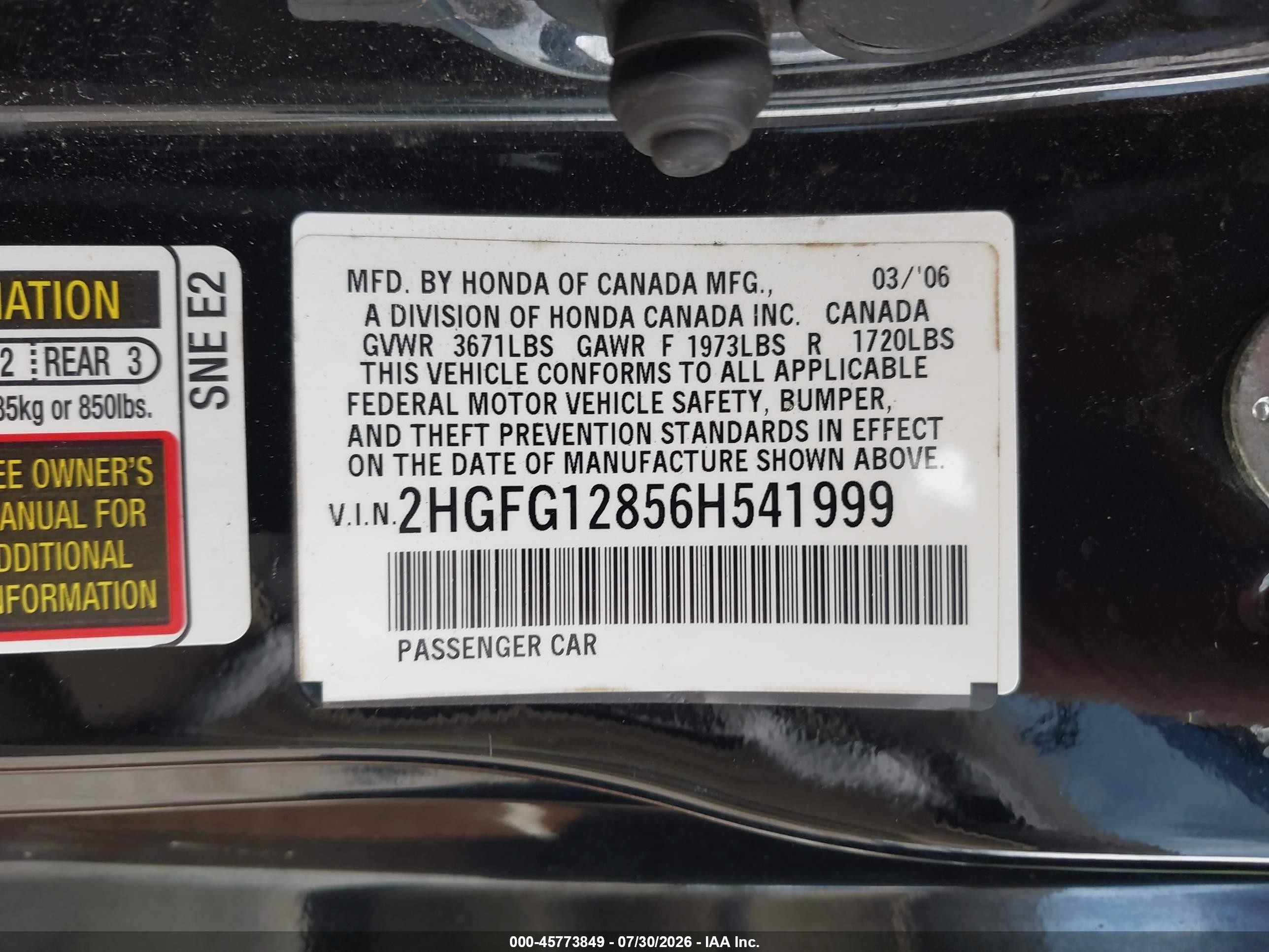 2006 Honda Civic Ex Black vin: 2HGFG12856H541999