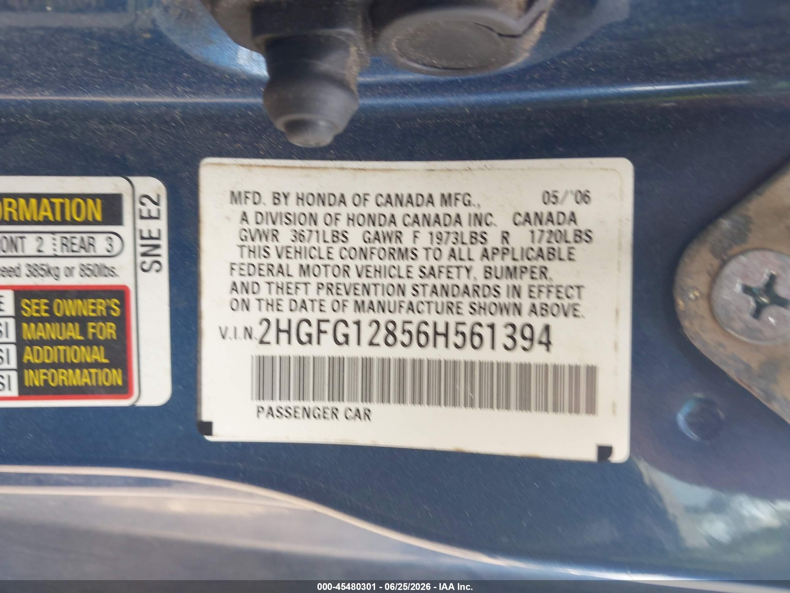 2006 Honda Civic Ex Blue vin: 2HGFG12856H561394