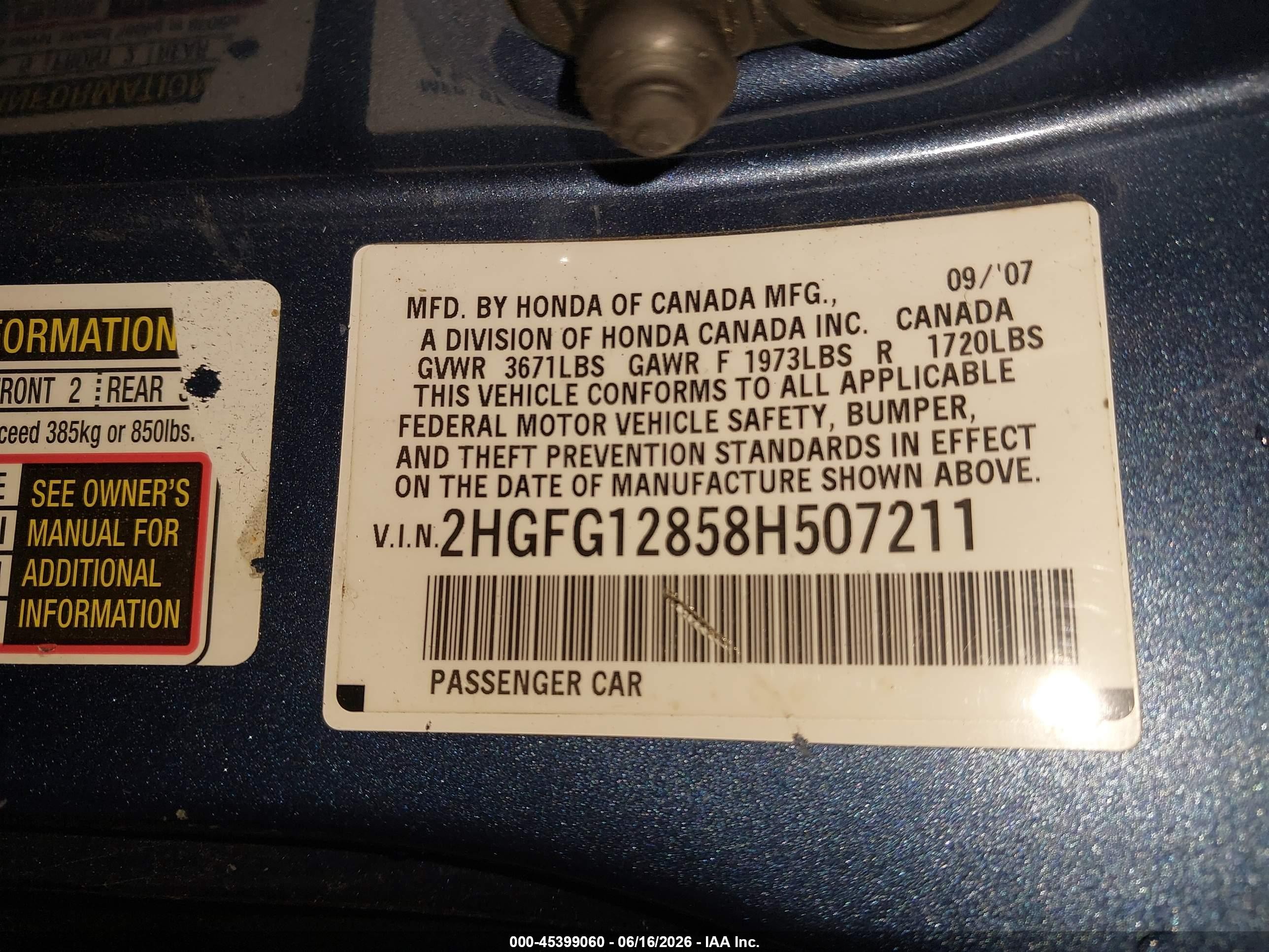2008 Honda Civic Ex Blue vin: 2HGFG12858H507211
