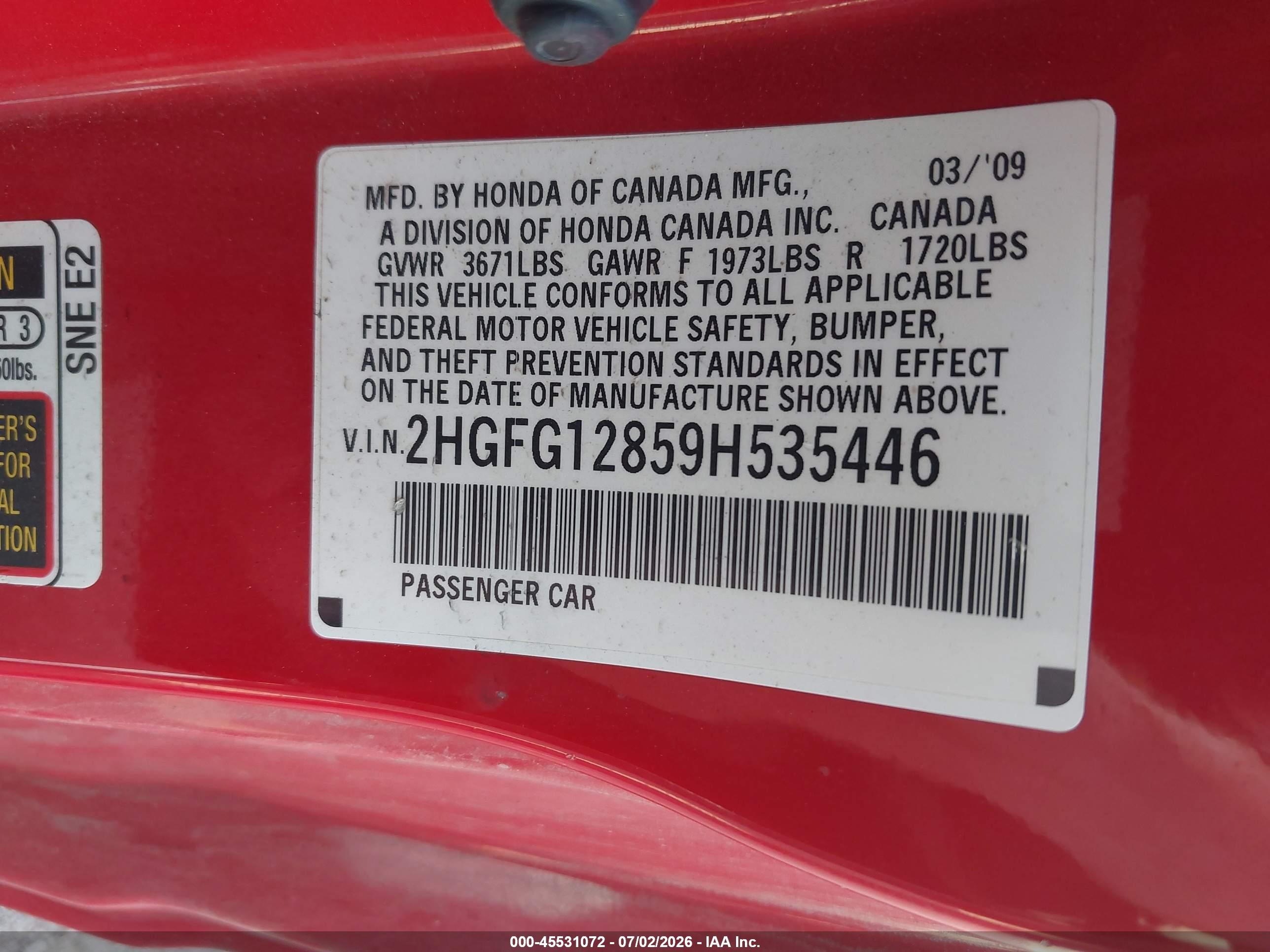2009 Honda Civic Ex Red vin: 2HGFG12859H535446