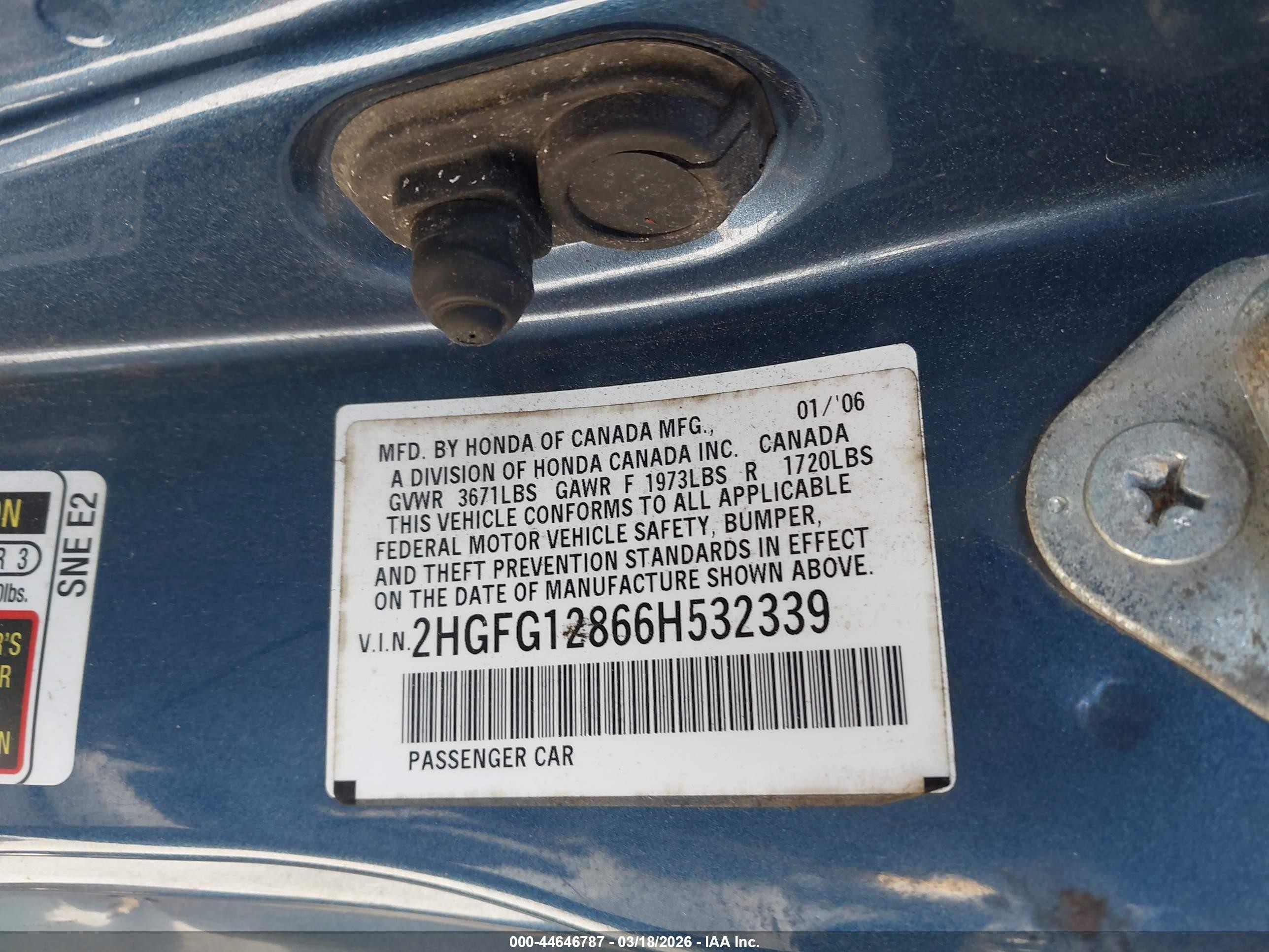 2006 Honda Civic Ex Blue vin: 2HGFG12866H532339