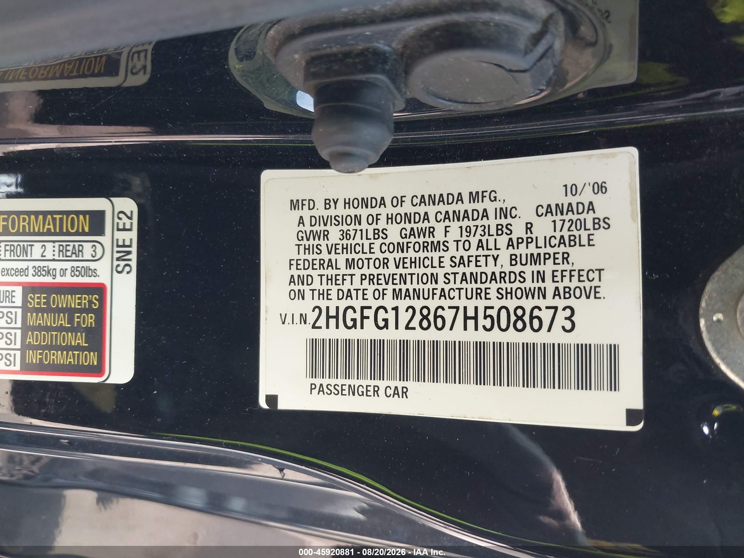 2007 Honda Civic Ex Black vin: 2HGFG12867H508673