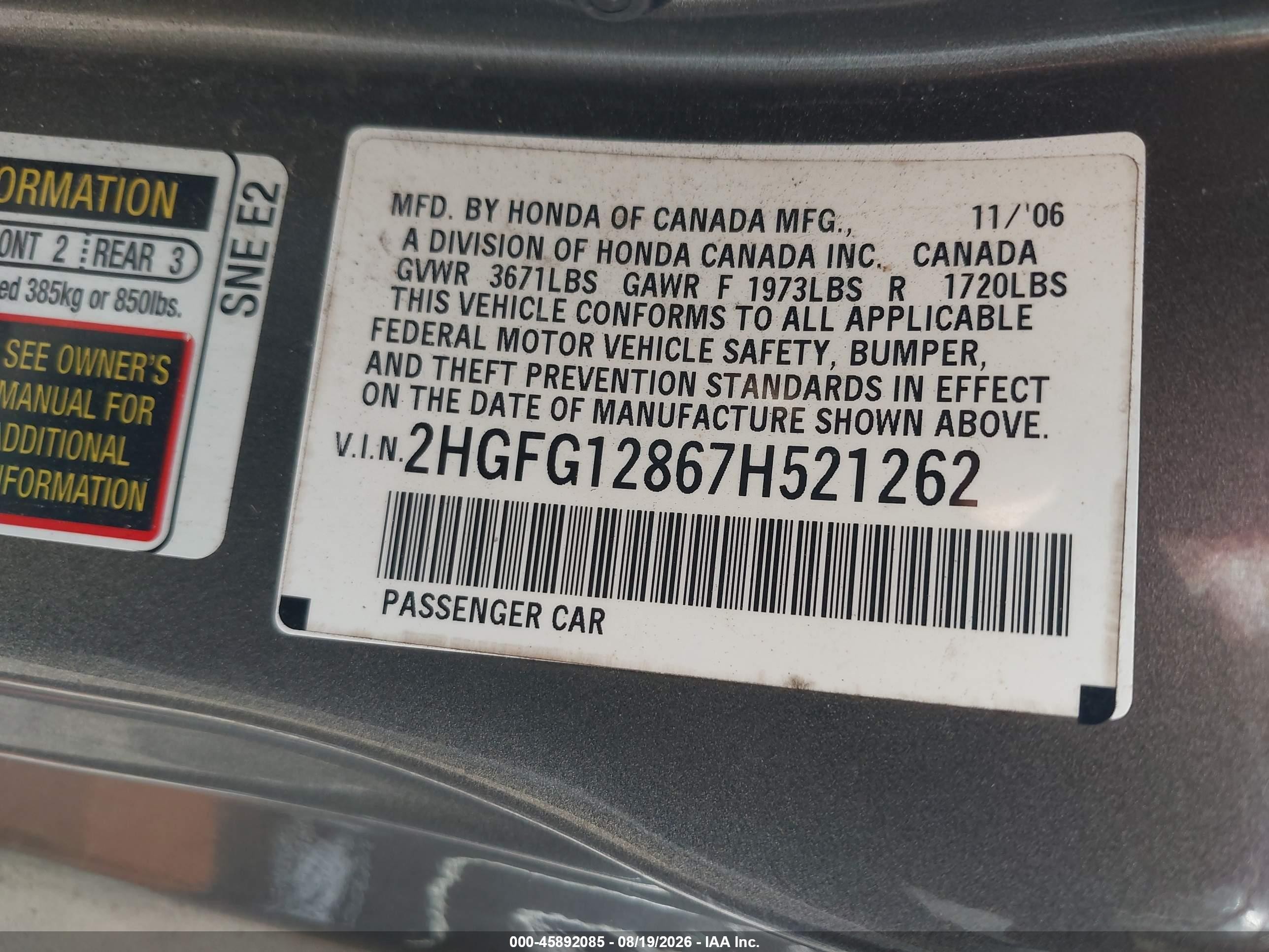 2007 Honda Civic Ex Gray vin: 2HGFG12867H521262