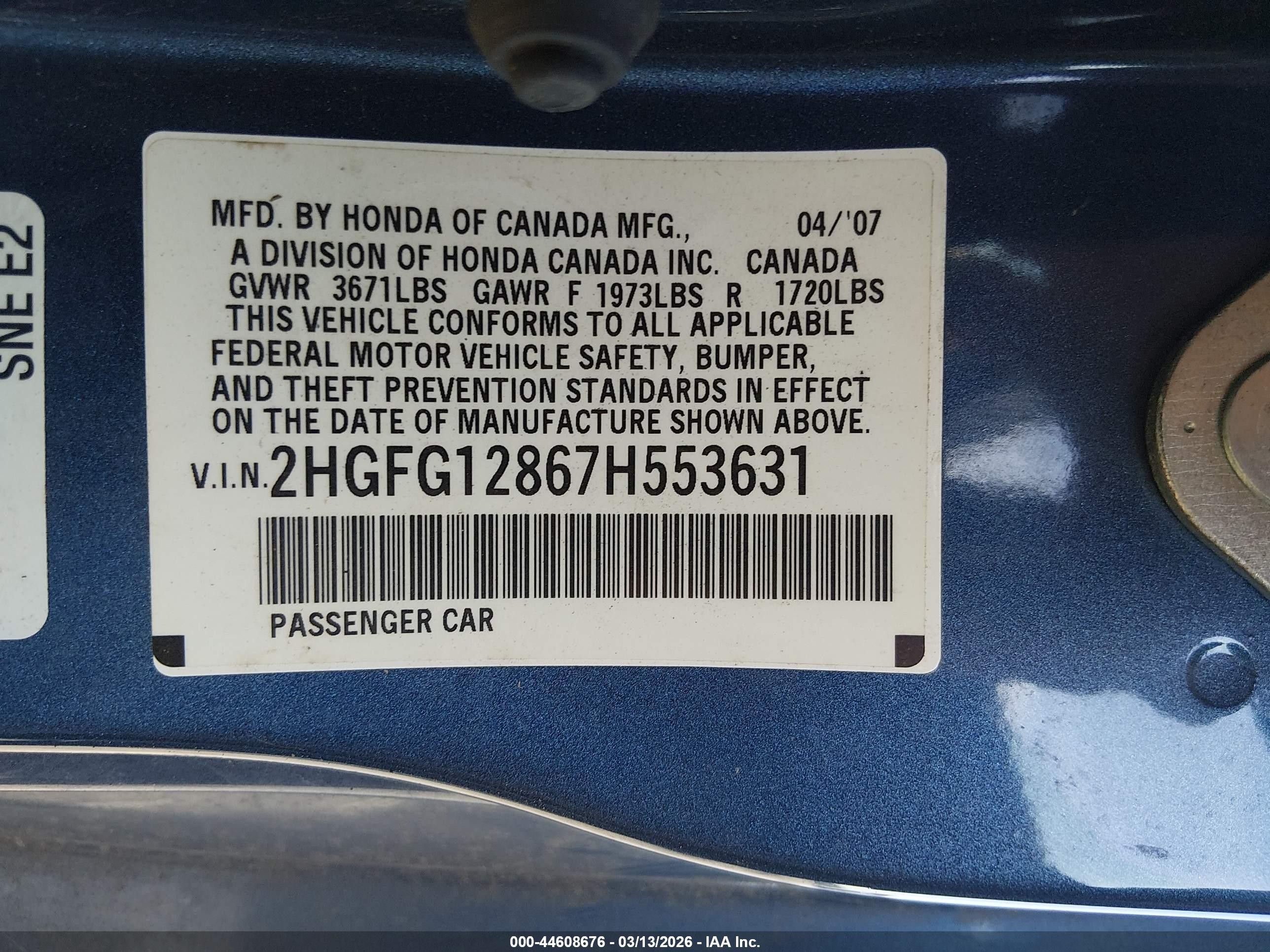 2007 Honda Civic Ex Blue vin: 2HGFG12867H553631