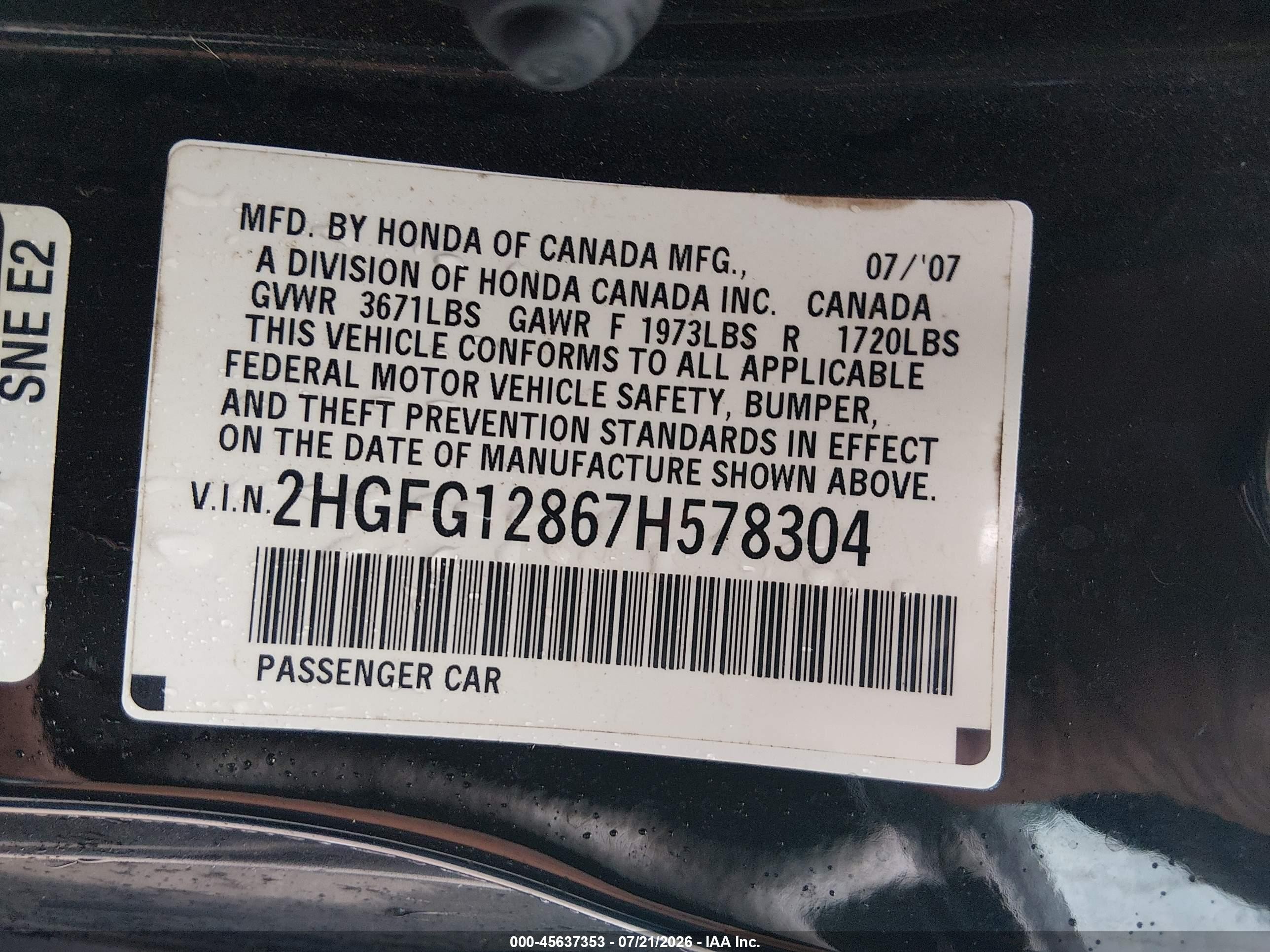 2007 Honda Civic Ex Black vin: 2HGFG12867H578304