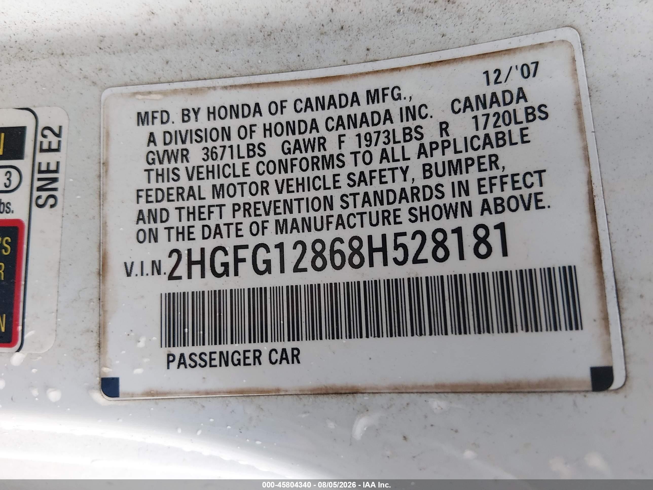 2008 Honda Civic Ex White vin: 2HGFG12868H528181
