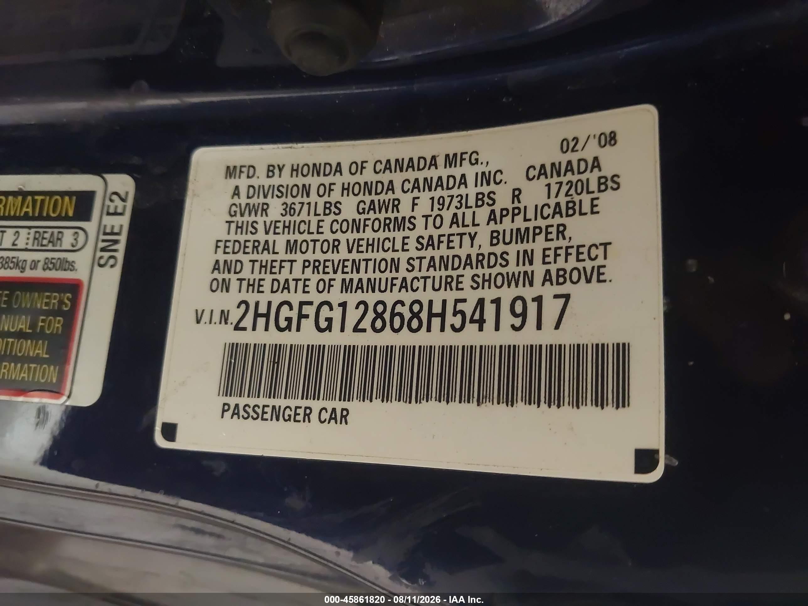 2008 Honda Civic Ex Blue vin: 2HGFG12868H541917