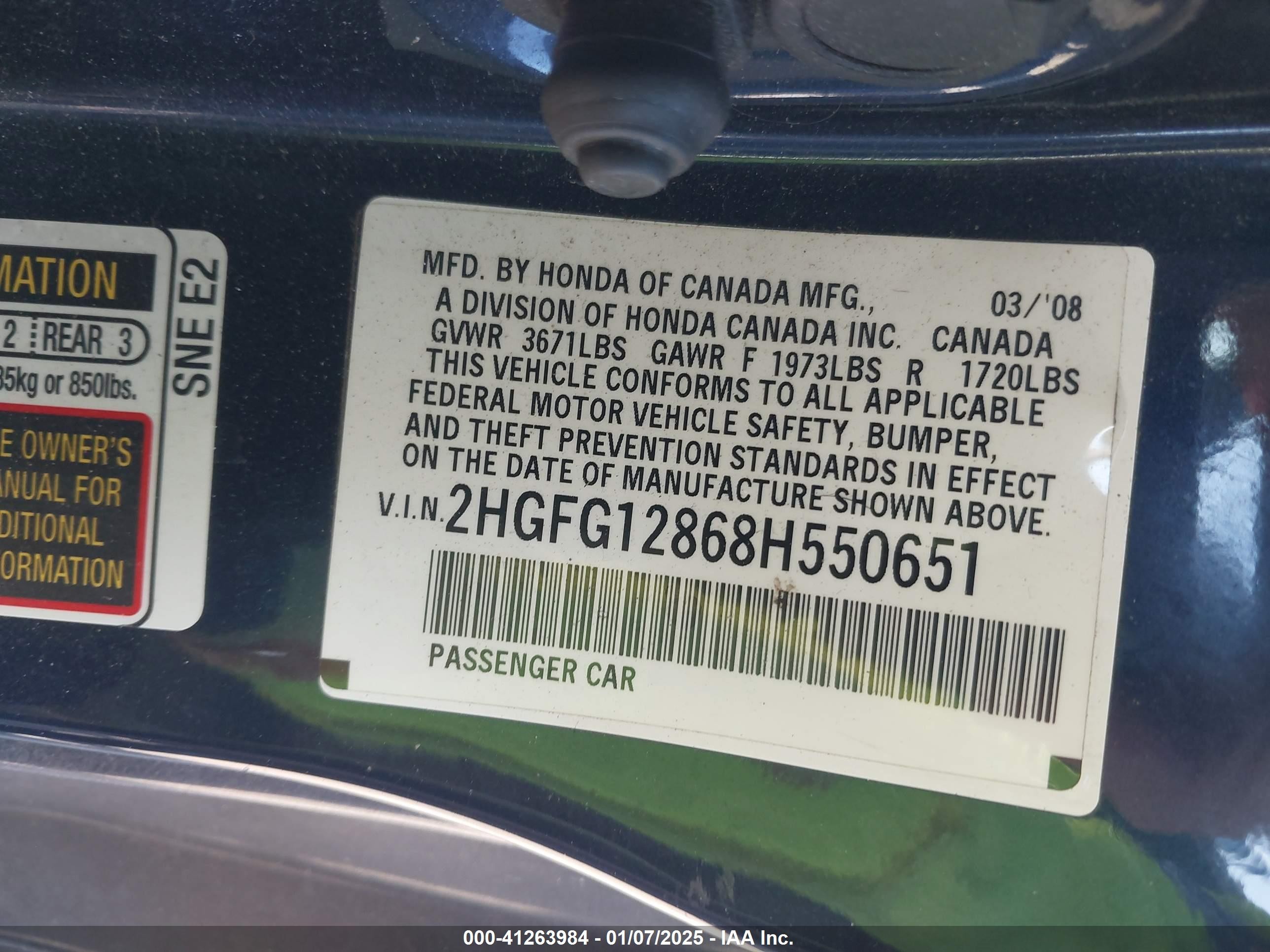 2008 Honda Civic Ex Blue vin: 2HGFG12868H550651