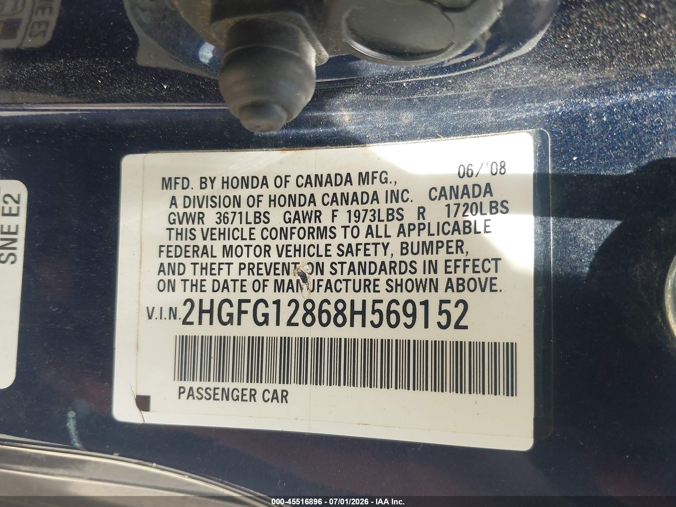 2008 Honda Civic Ex Blue vin: 2HGFG12868H569152