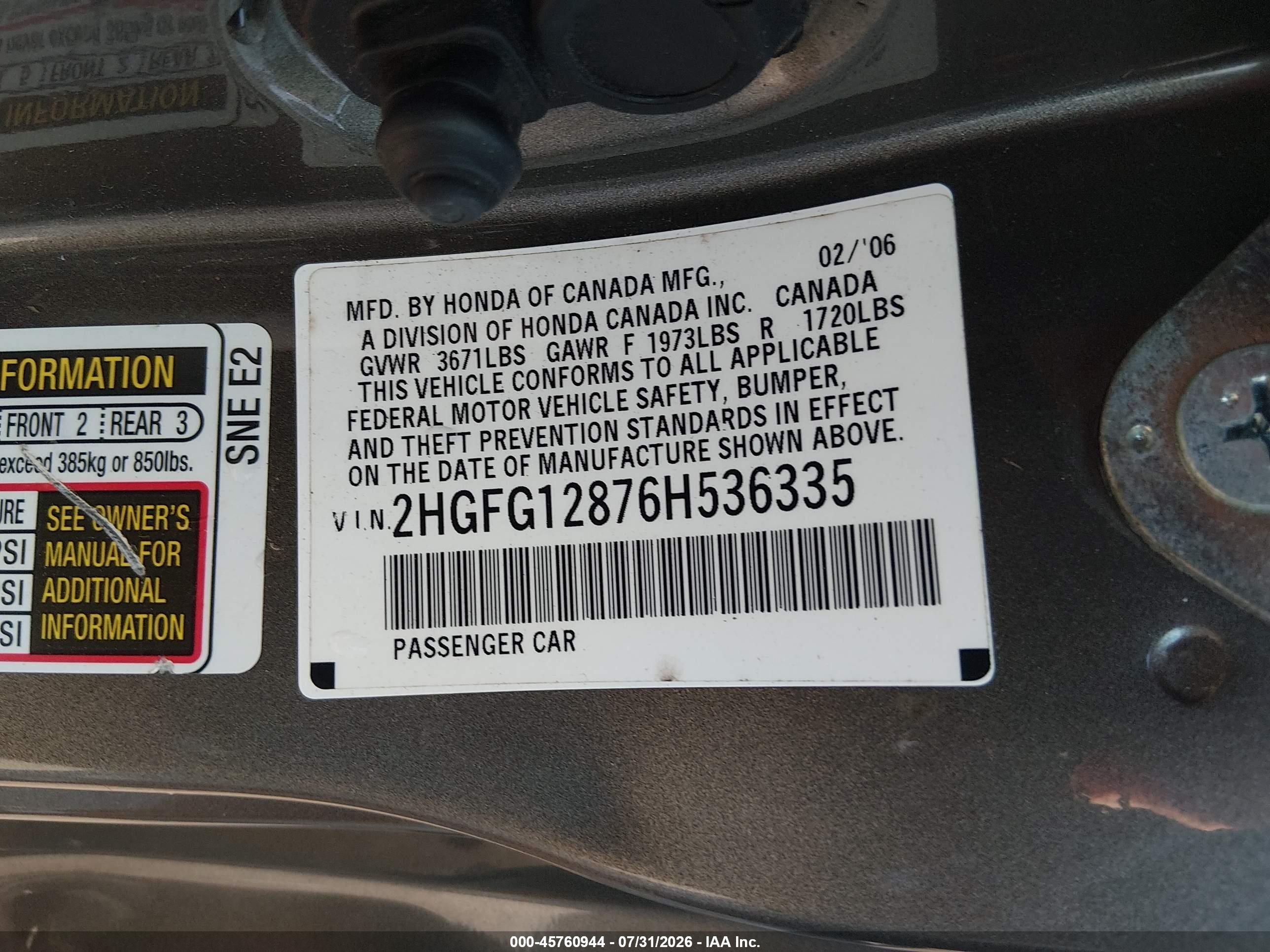 2006 Honda Civic Ex Серый vin: 2HGFG12876H536335