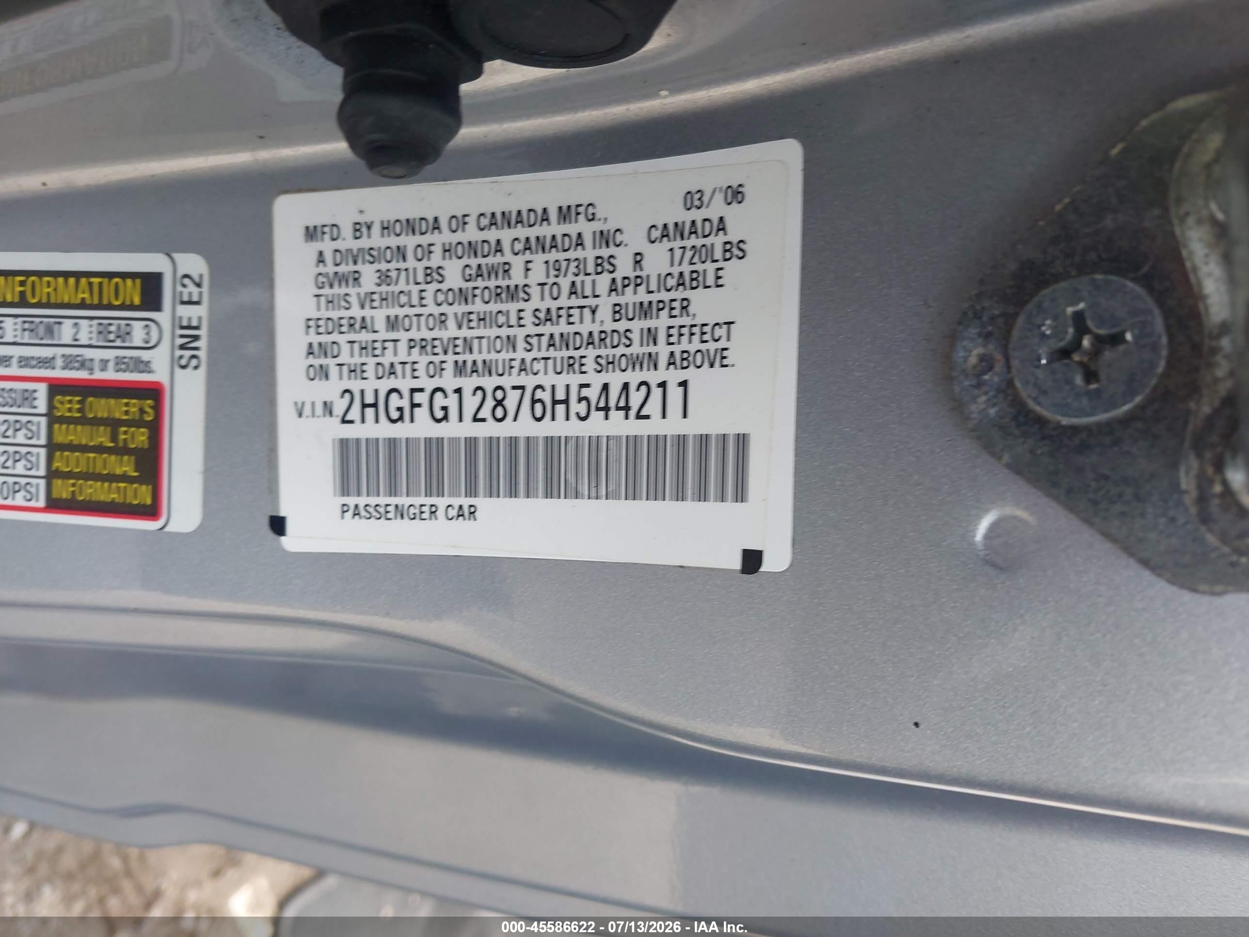 2006 Honda Civic Ex Silver vin: 2HGFG12876H544211