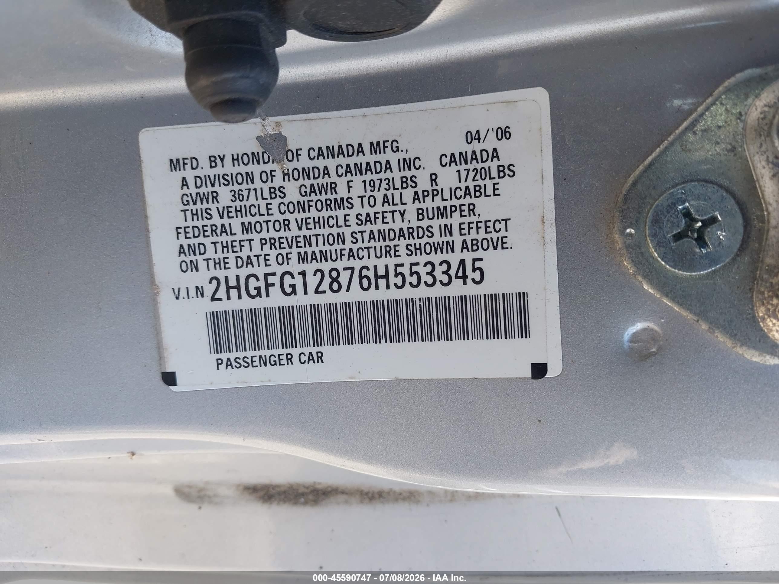 2006 Honda Civic Ex Silver vin: 2HGFG12876H553345