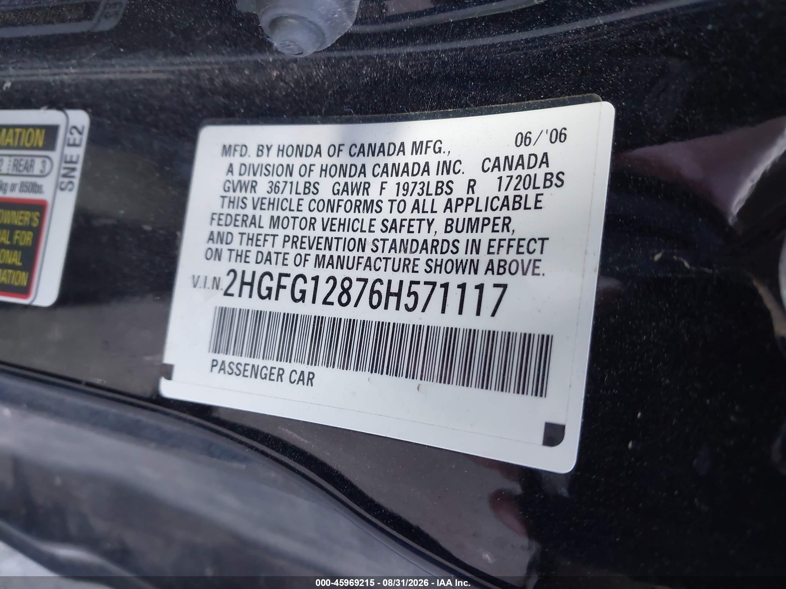 2006 Honda Civic Ex Black vin: 2HGFG12876H571117