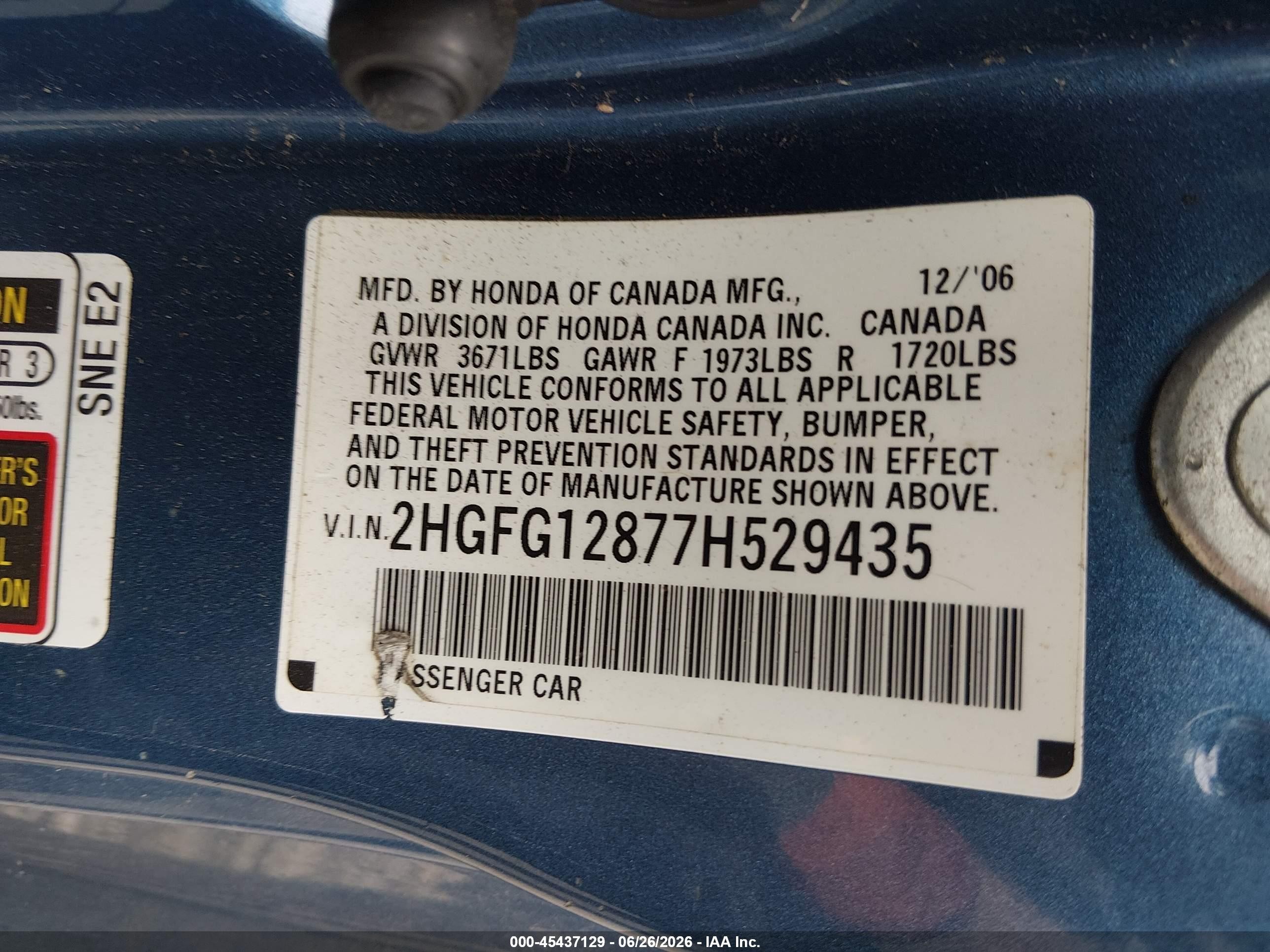 2007 Honda Civic Ex Blue vin: 2HGFG12877H529435