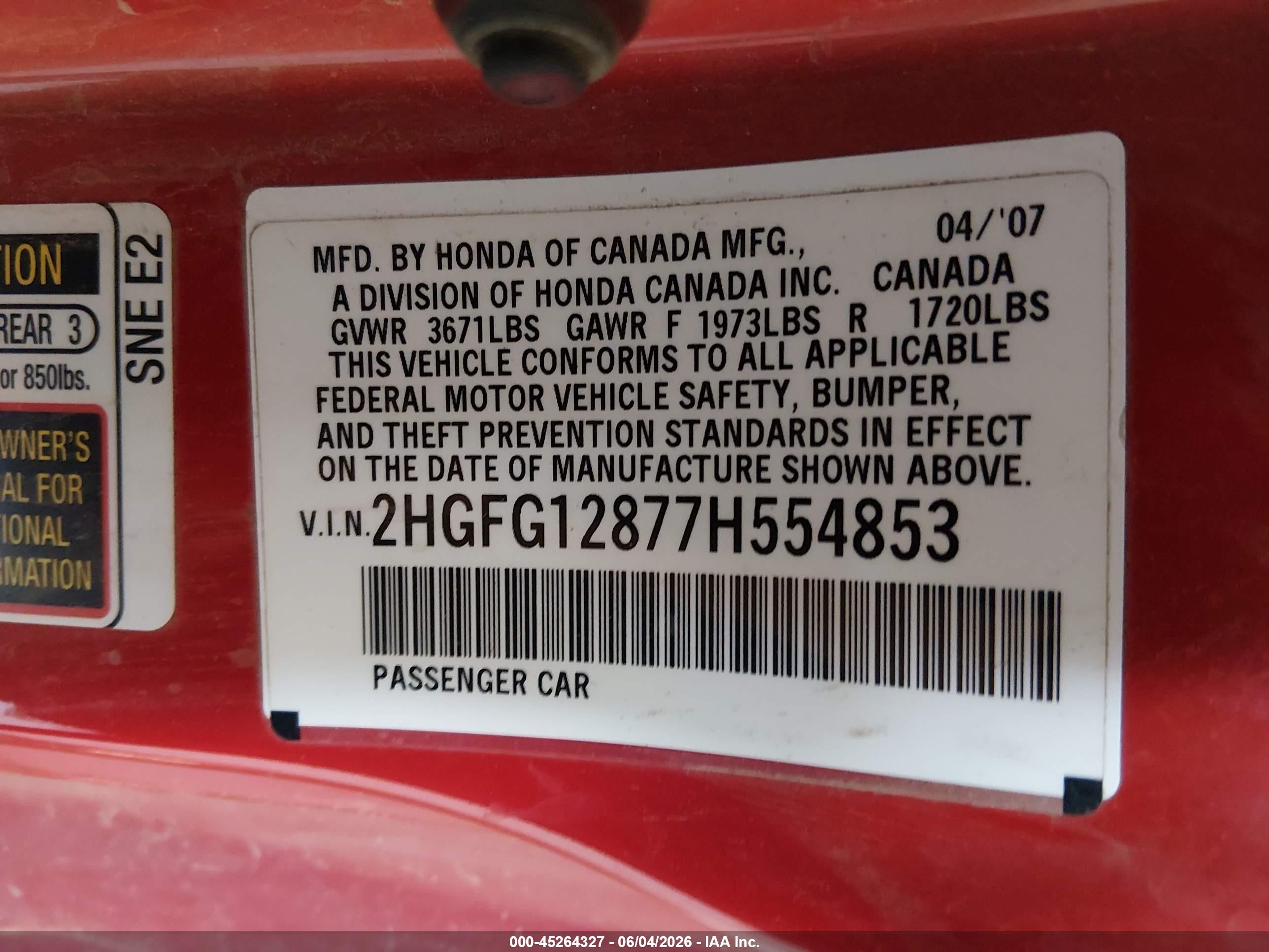 2007 Honda Civic Ex Red vin: 2HGFG12877H554853