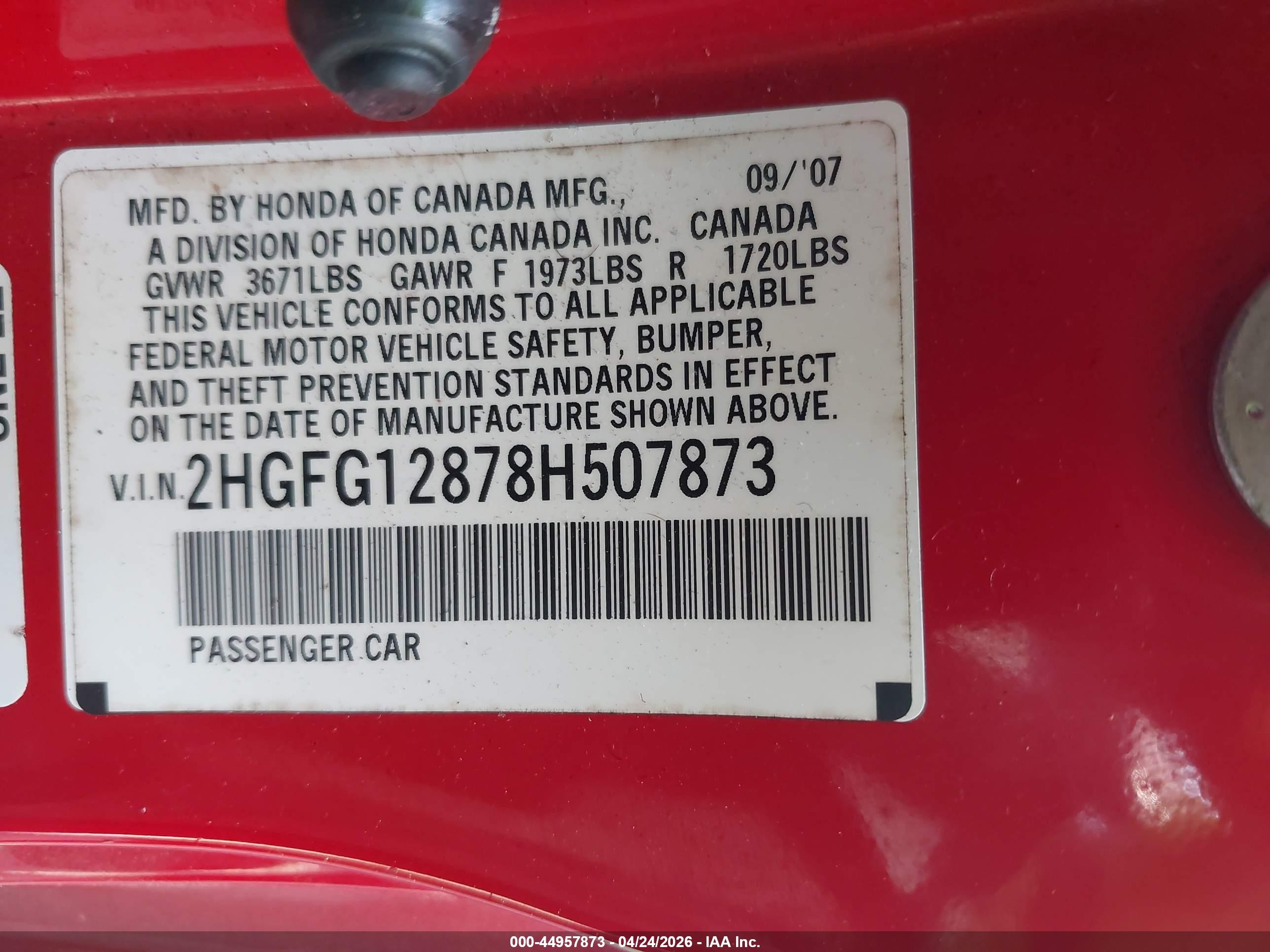 2008 Honda Civic Ex Red vin: 2HGFG12878H507873