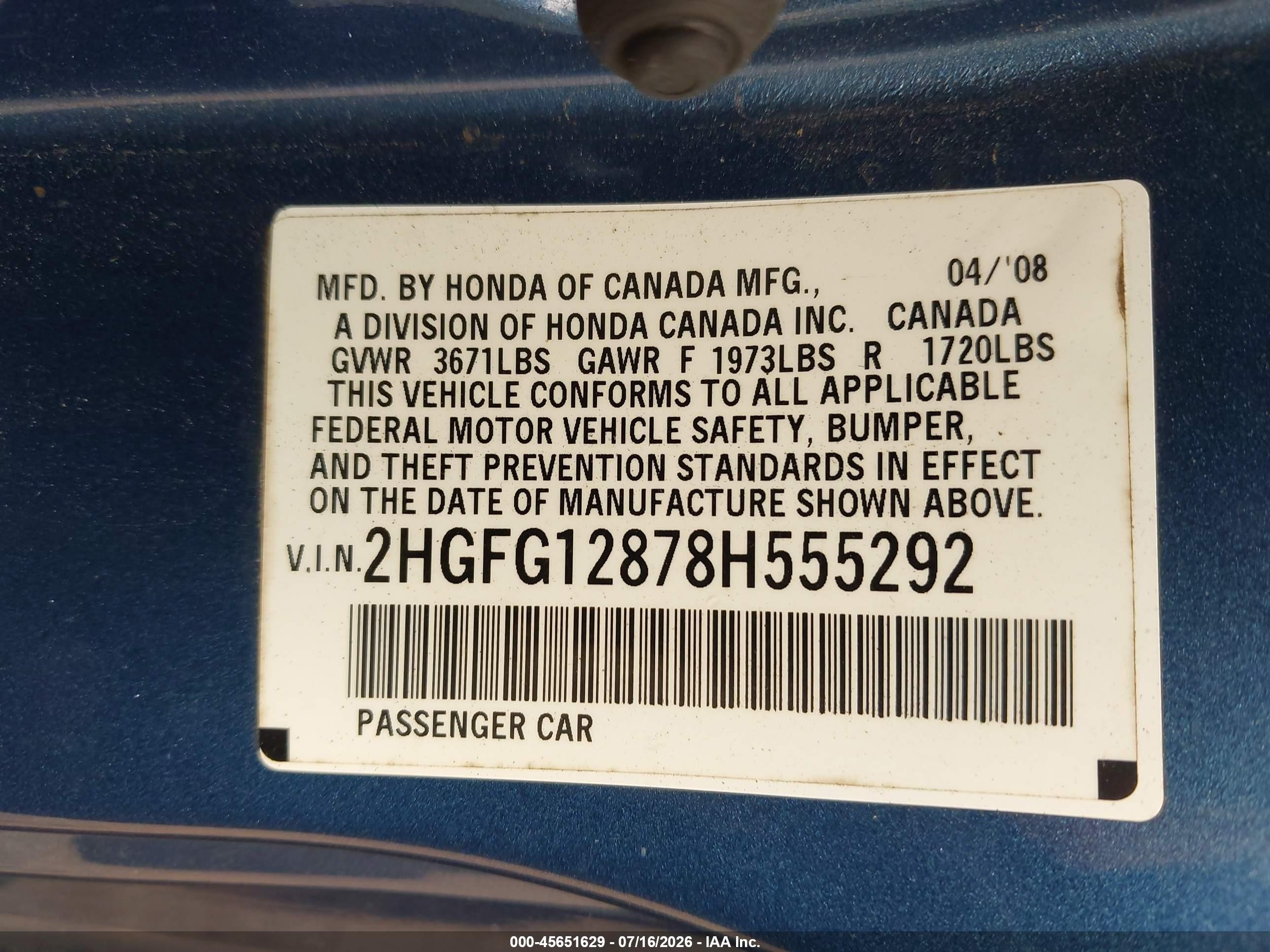 2008 Honda Civic Ex Blue vin: 2HGFG12878H555292