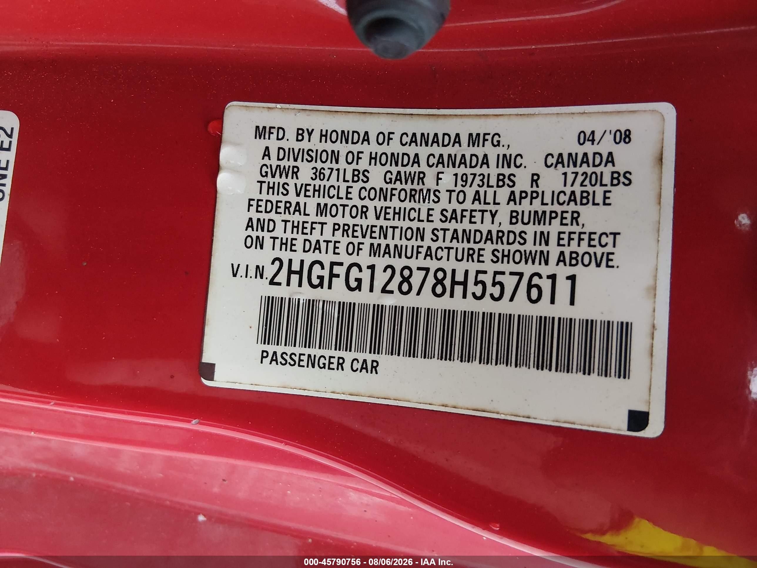 2008 Honda Civic Ex Red vin: 2HGFG12878H557611