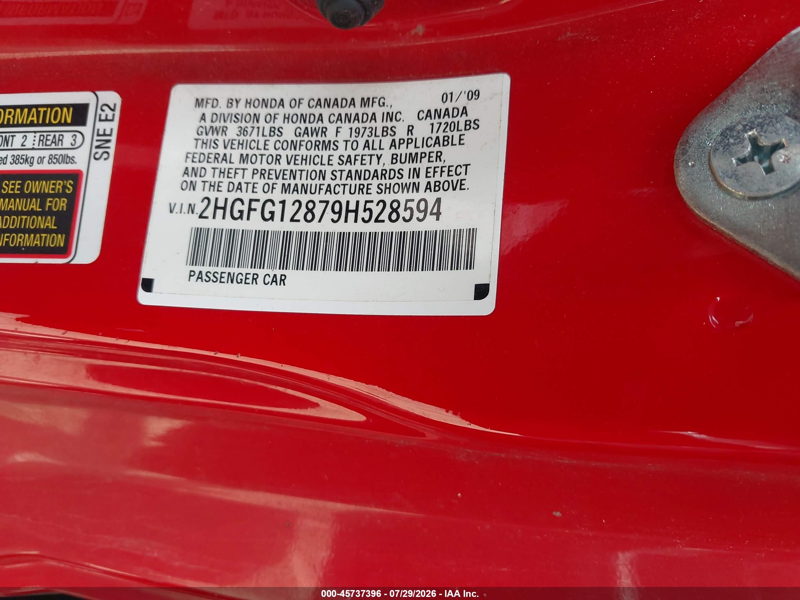 2009 Honda Civic Ex Красный vin: 2HGFG12879H528594