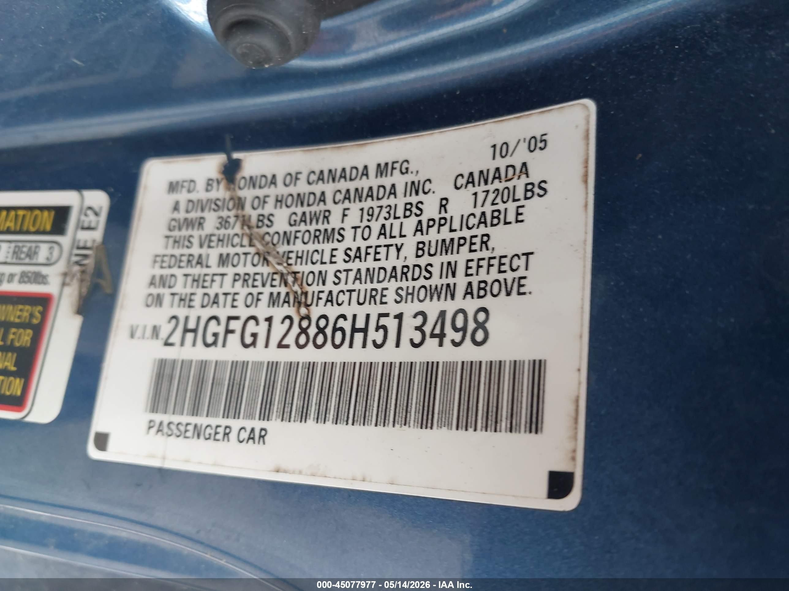 2006 Honda Civic Ex Blue vin: 2HGFG12886H513498