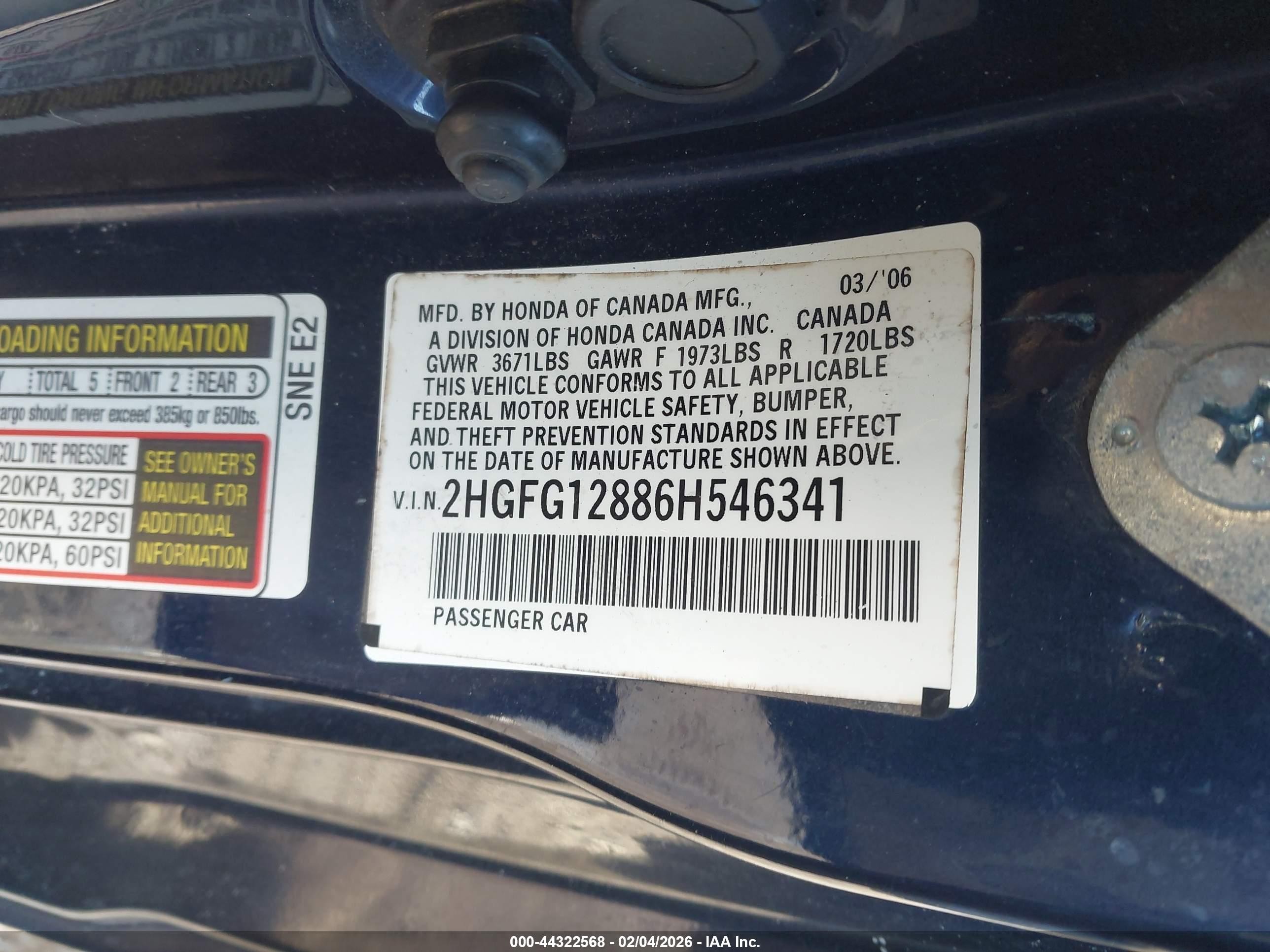 2006 Honda Civic Ex Синий vin: 2HGFG12886H546341