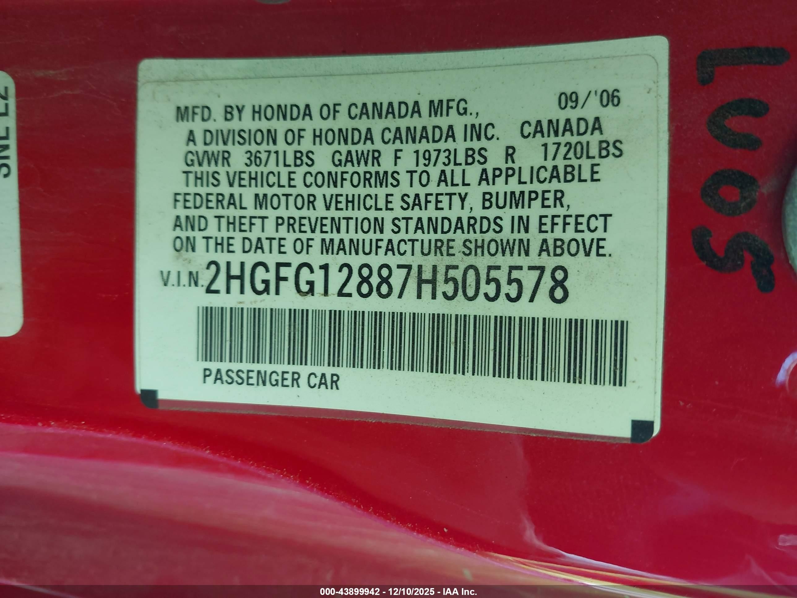 2007 Honda Civic Ex Red vin: 2HGFG12887H505578