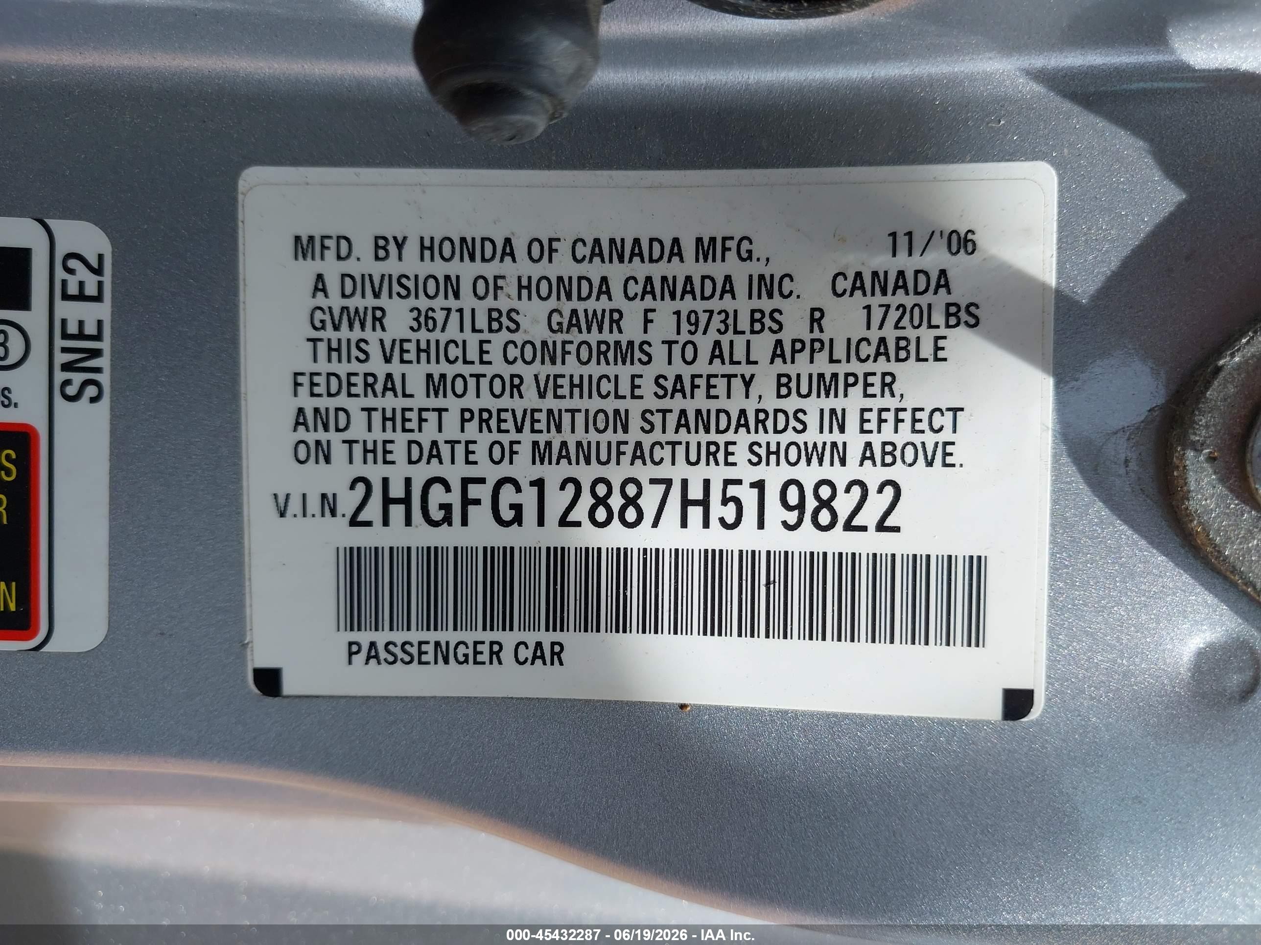 2007 Honda Civic Ex Silver vin: 2HGFG12887H519822