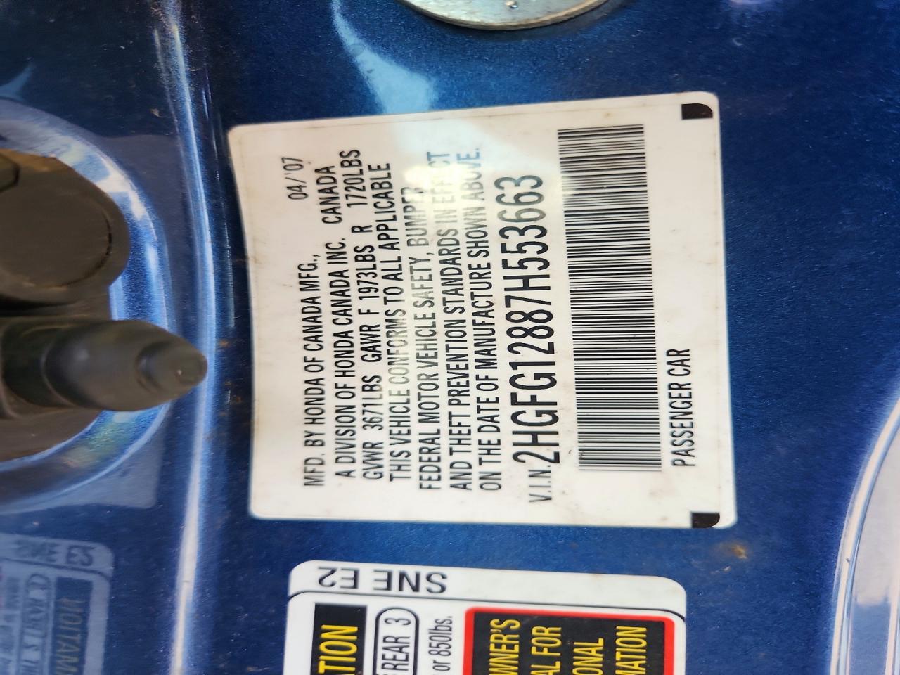 2007 Honda Civic Ex Blue vin: 2HGFG12887H553663